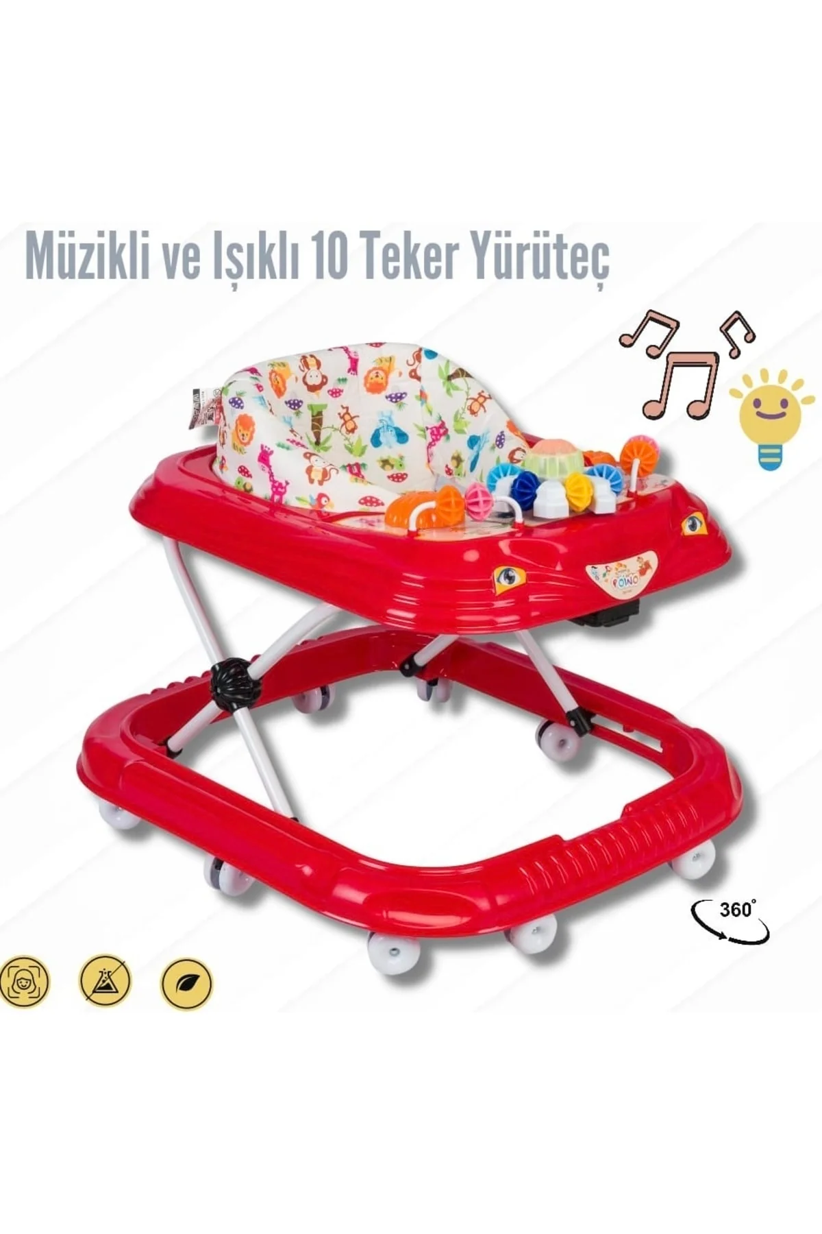 Baby walker with 10-spoke wheels, musical lights, and adjustable height
