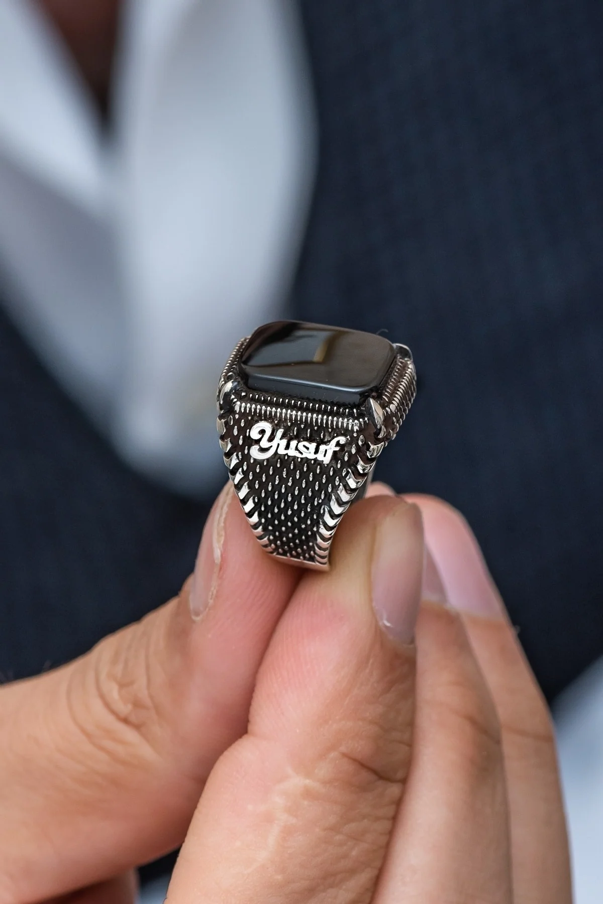 Men's sterling silver ring with natural agate stone