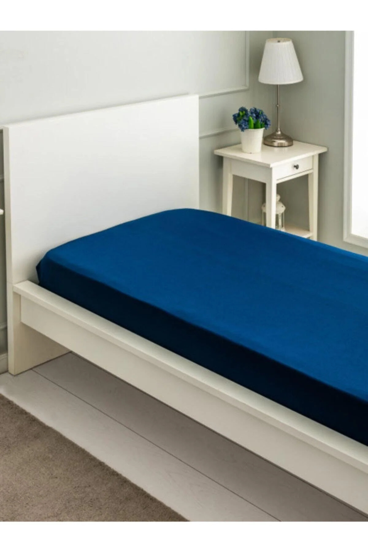 Navy blue elastic bed sheet for single beds 100x200 cm 100% cotton combed