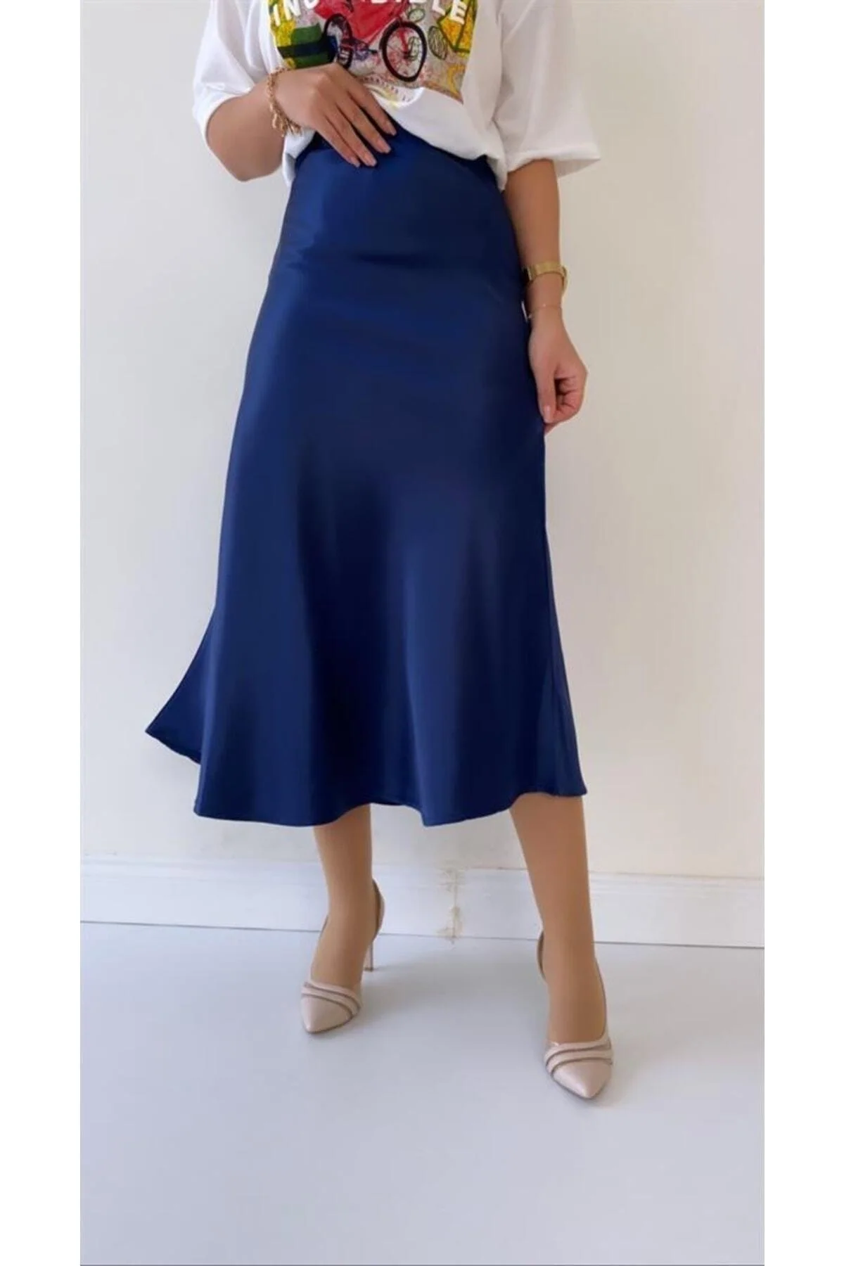 80cm navy blue satin-blend midi skirt