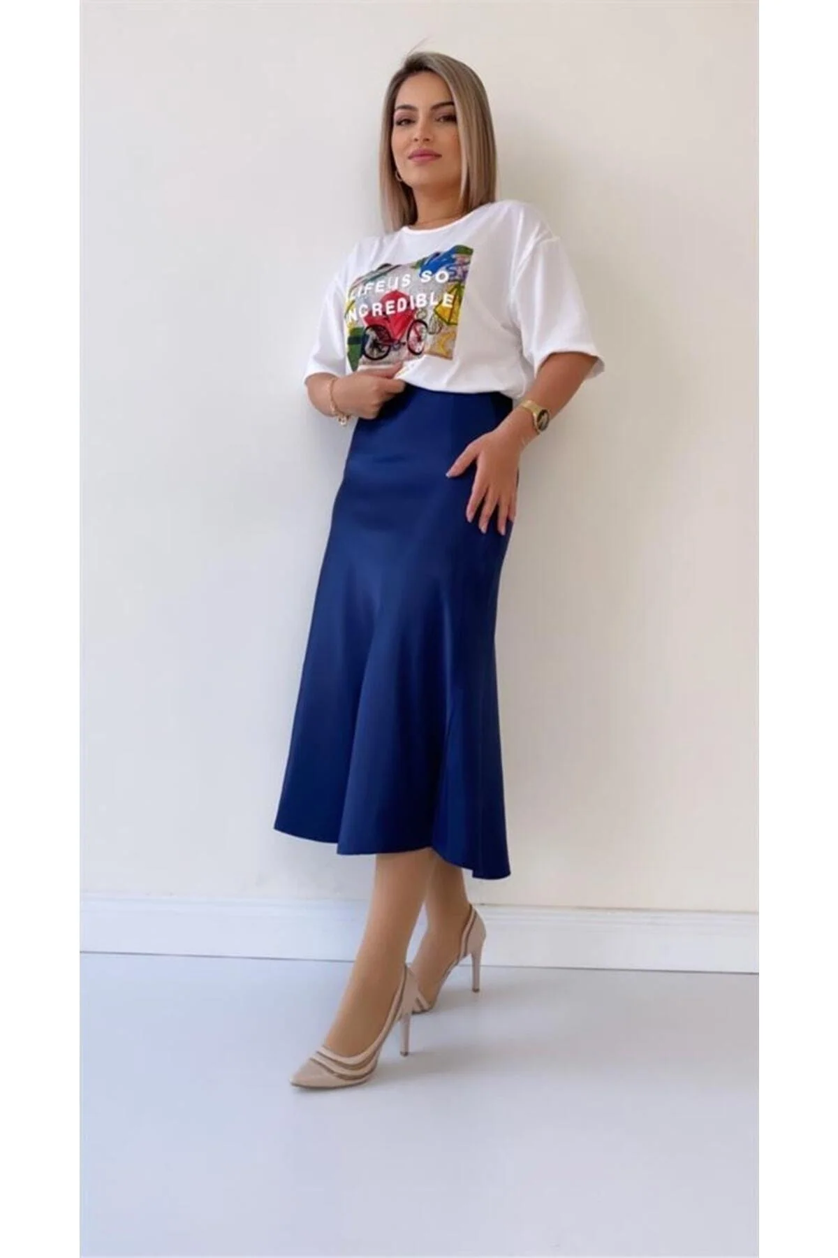 80cm navy blue satin-blend midi skirt