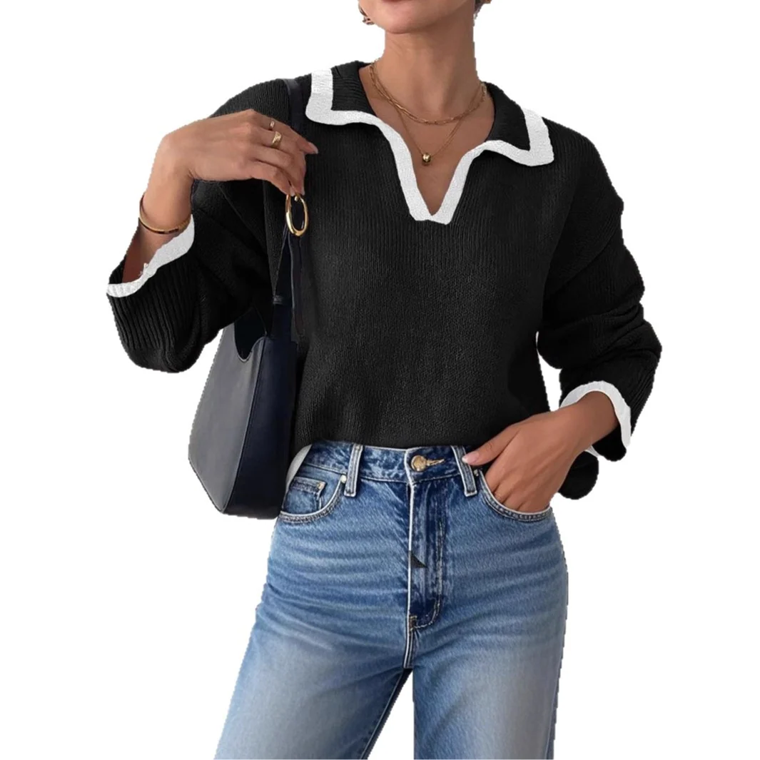 Notch-collar Color-block Patchwork Pullover Sweater