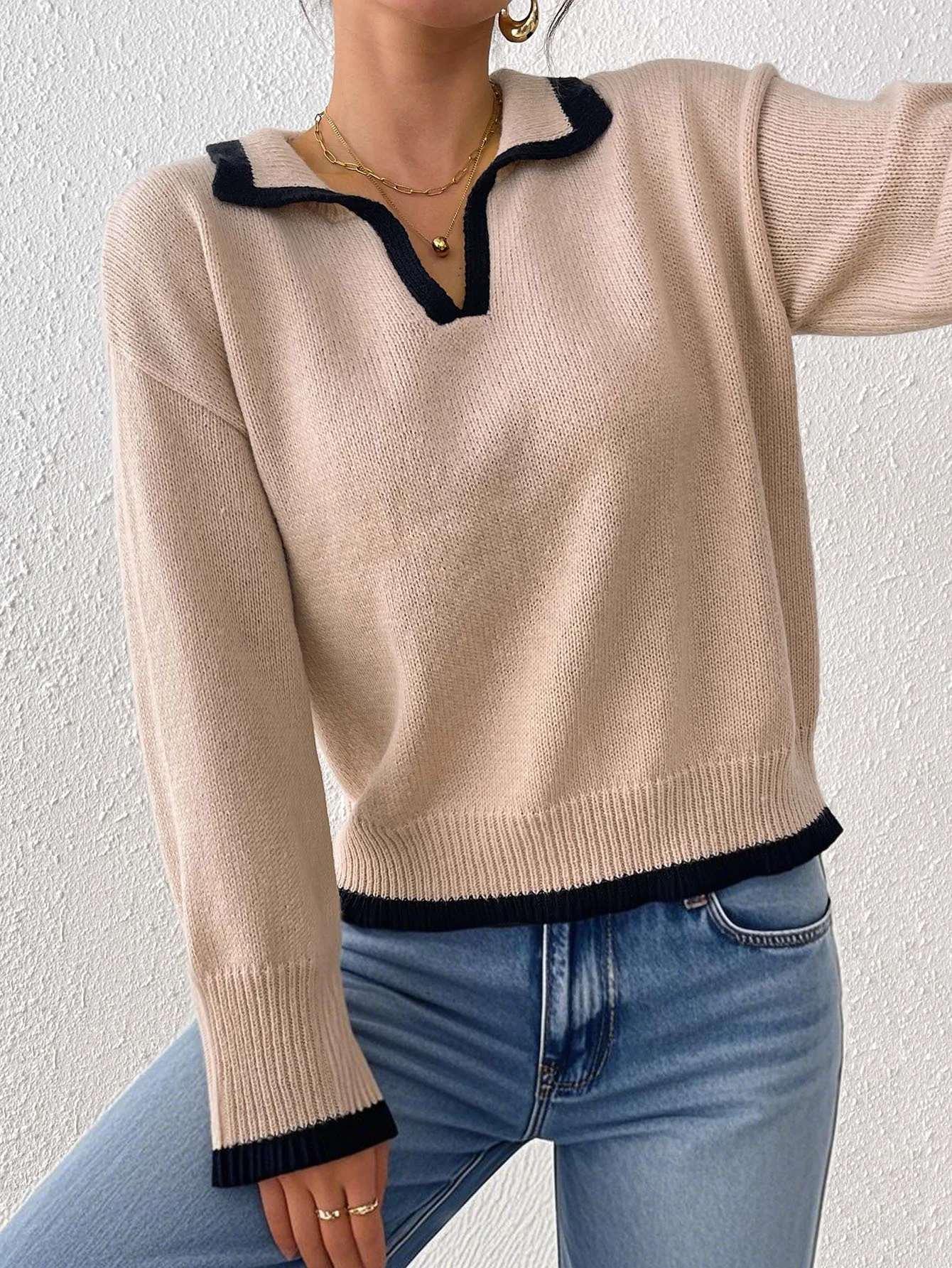 Notch-collar Color-block Patchwork Pullover Sweater