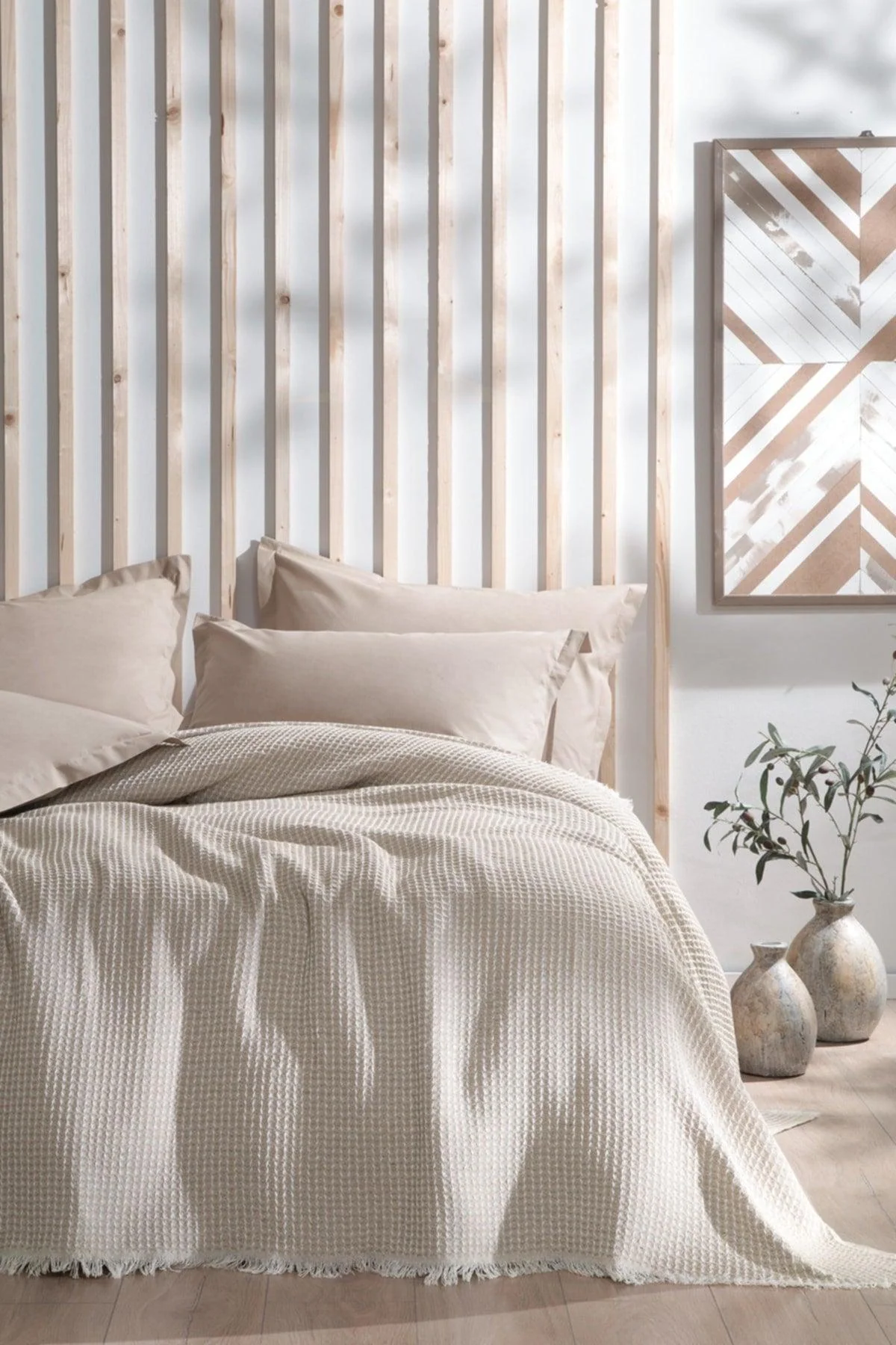 Beige cotton pique bedspread 185x230 cm