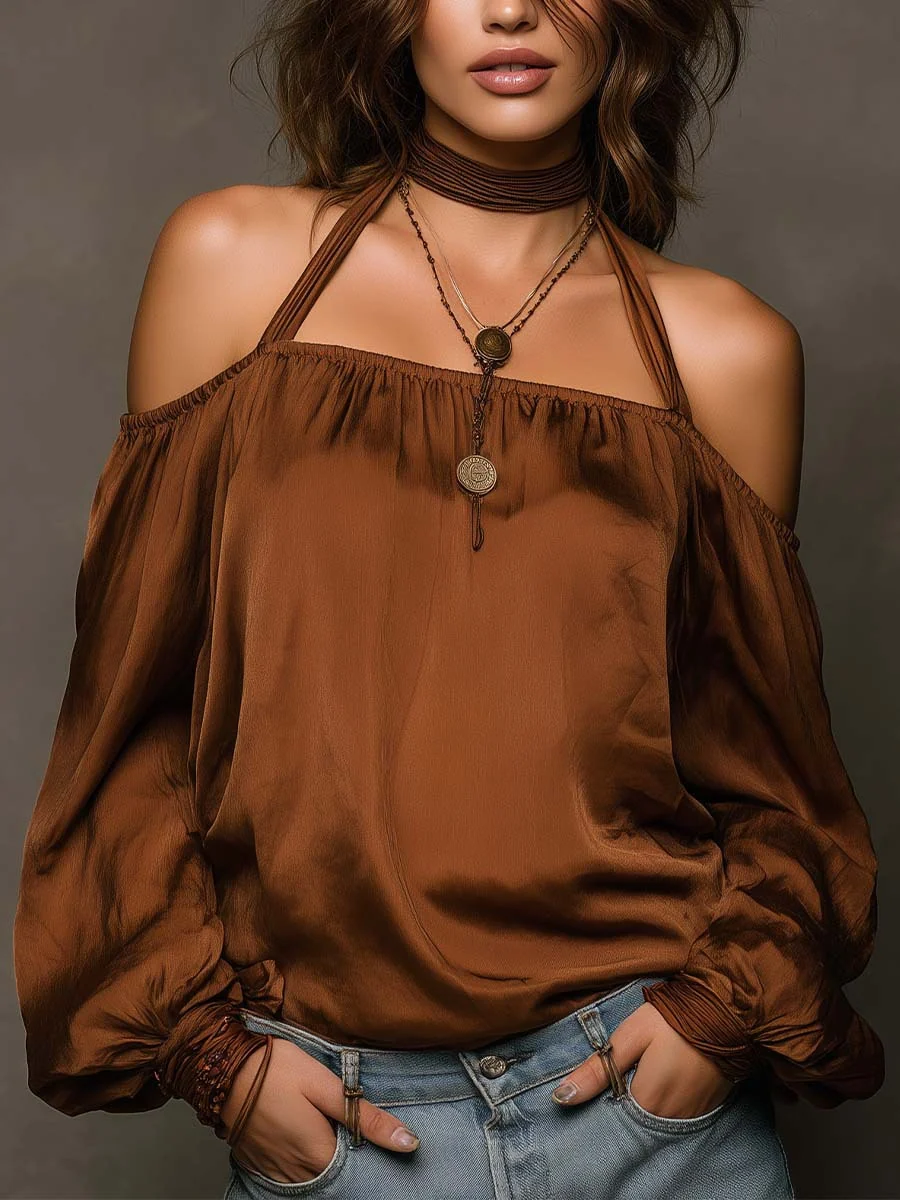 Off-Shoulder Satin Lantern Sleeve Top