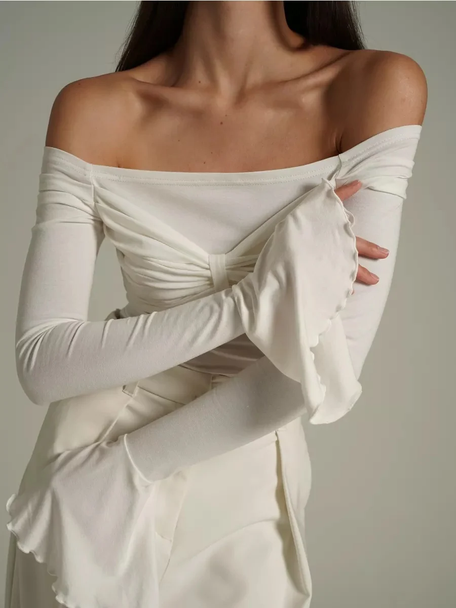 Off-Shoulder Slim Mesh Flared-Sleeve Top