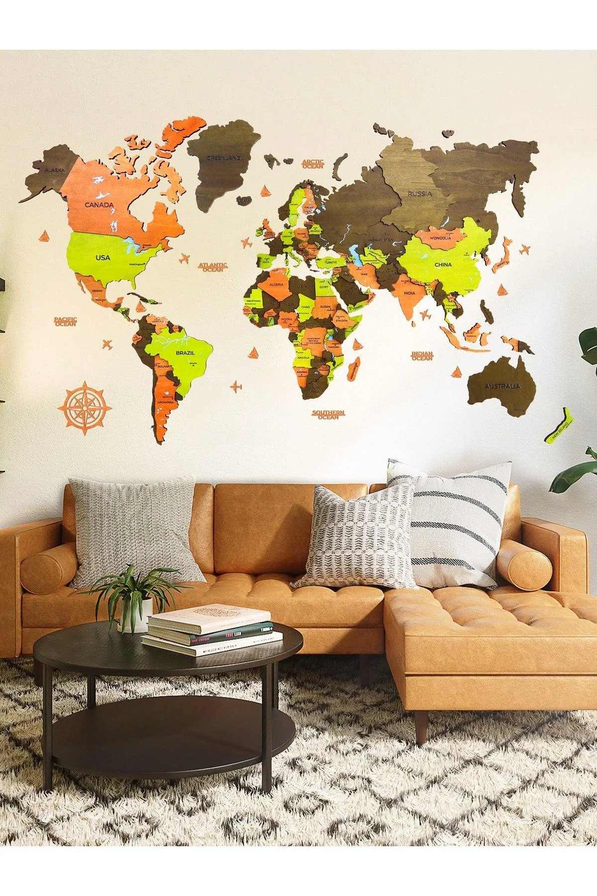 3-layer olive wood world map wall decor