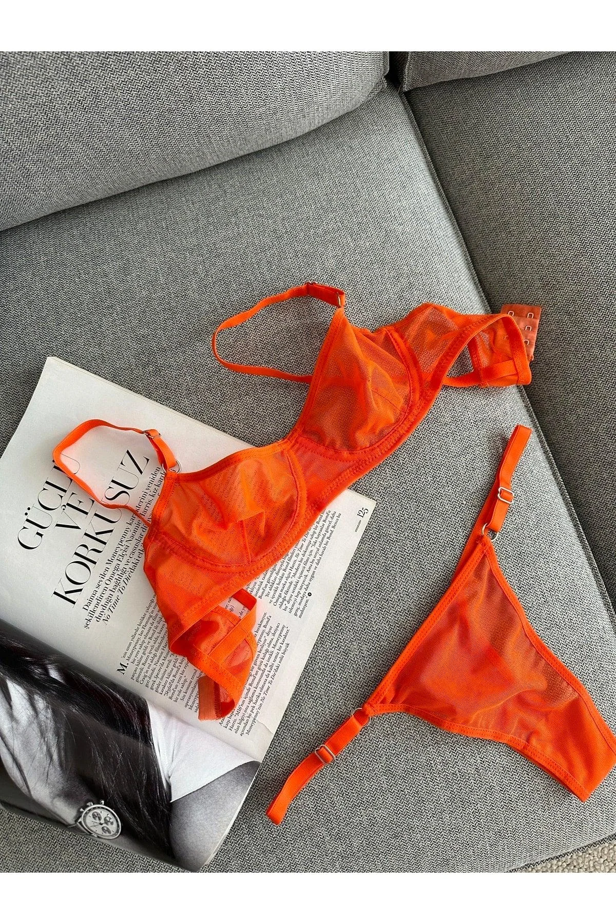 Orange underwire bra set with matching thong