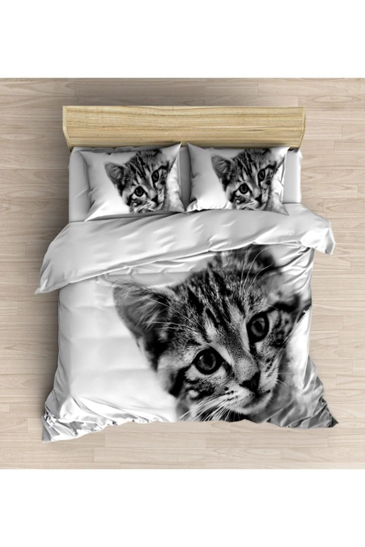 Gray and white 3D cat-patterned cotton duvet cover set for double beds