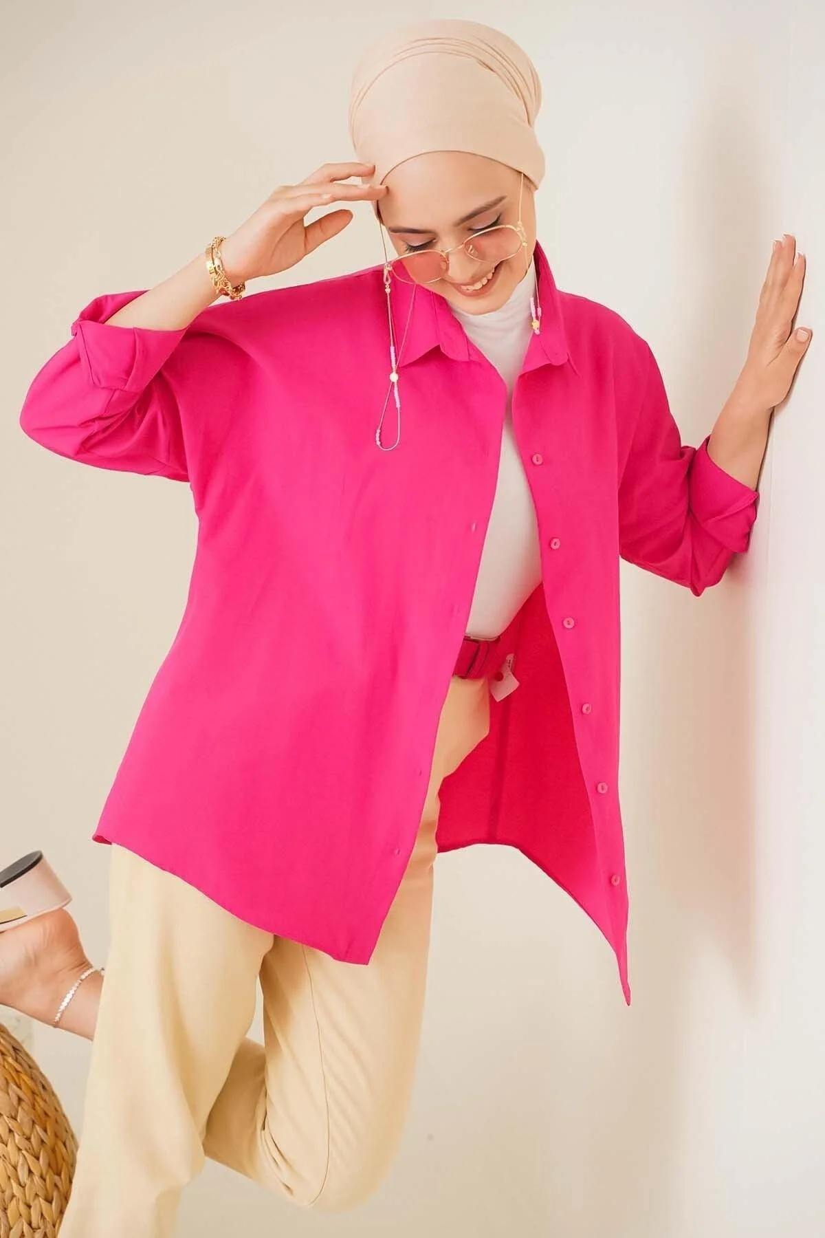 Oversized relaxed-fit cotton shirt bright fuchsia