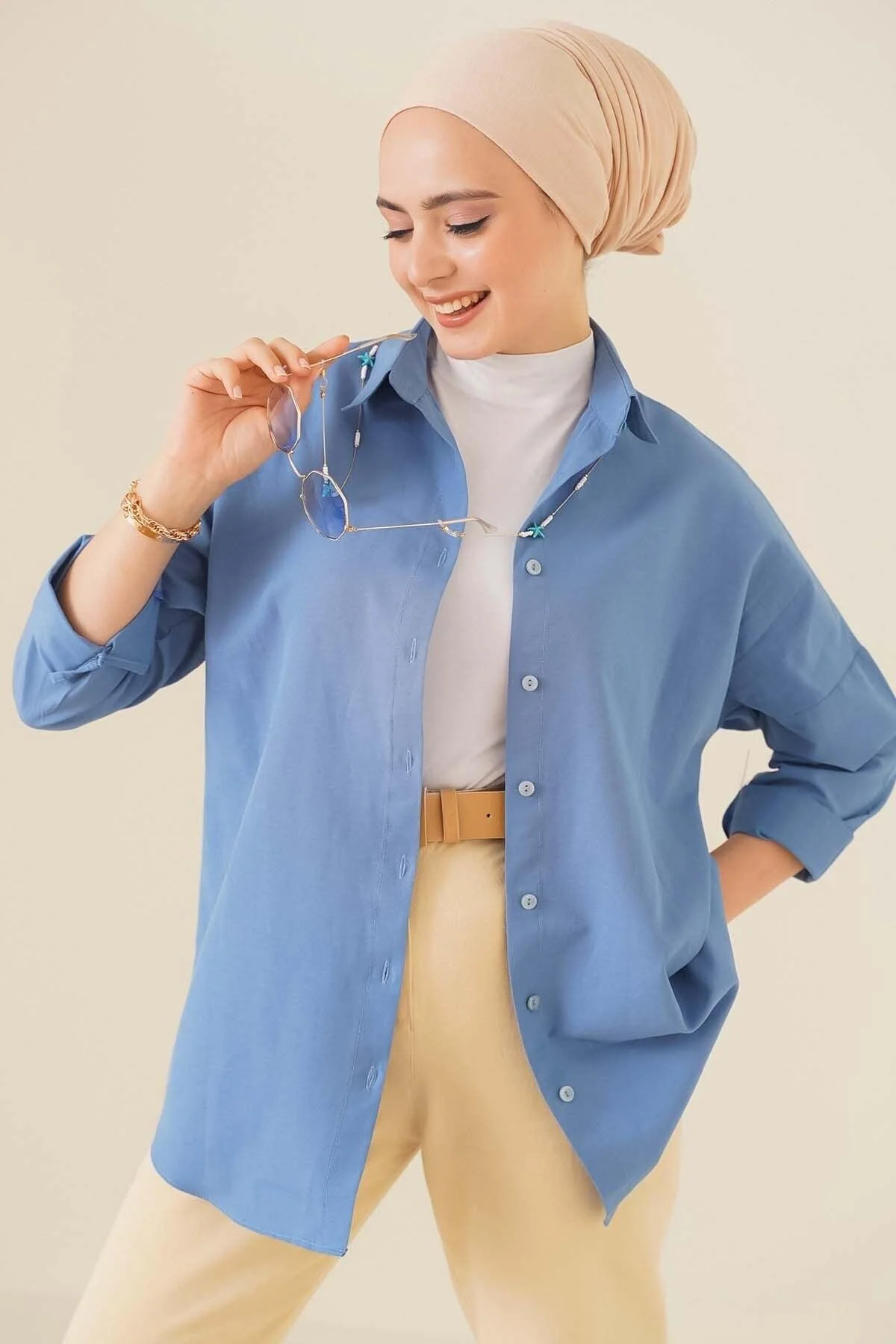 Oversized cotton blend shirt in indigo - relaxed fit with dropped shoulders