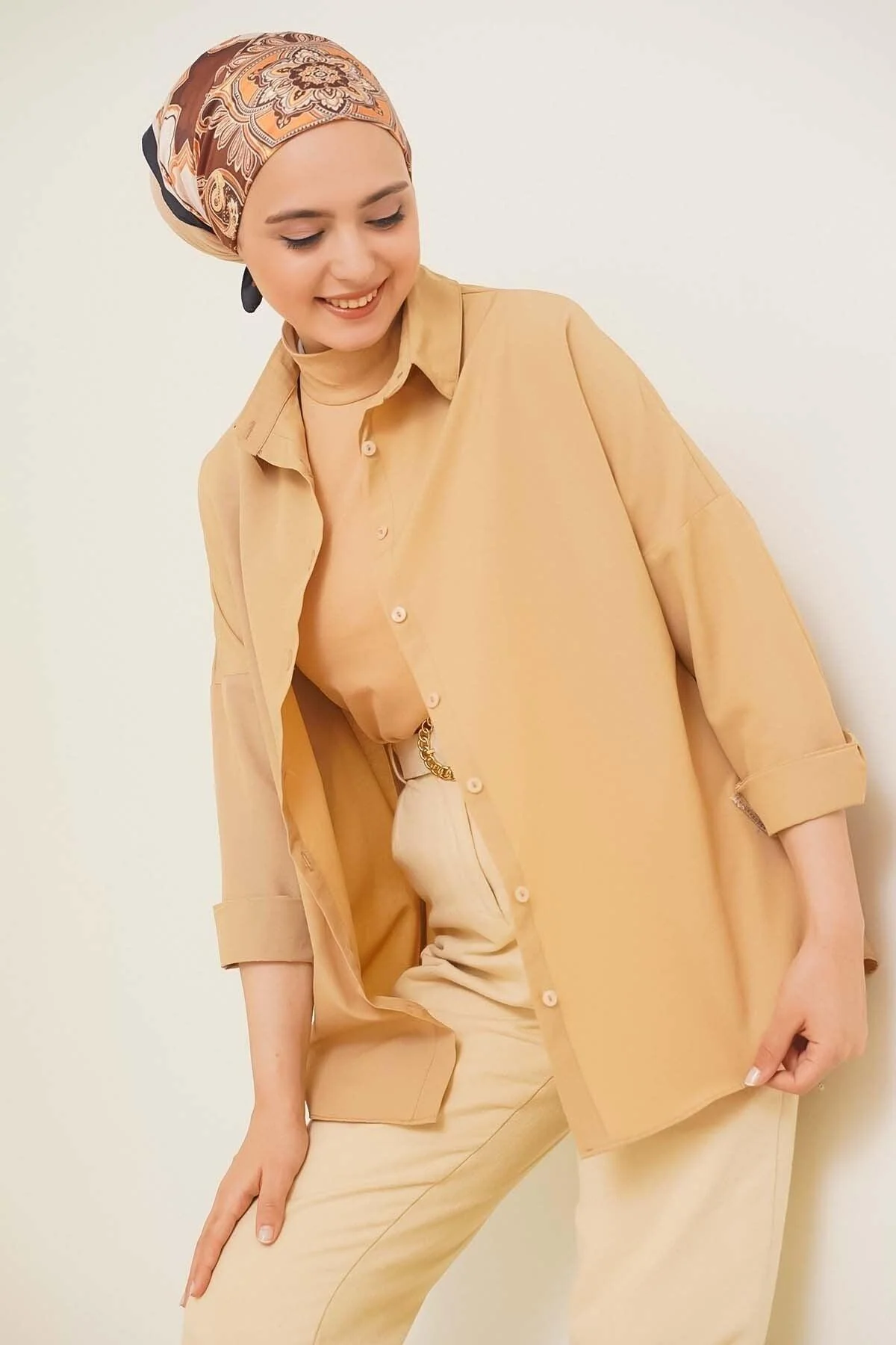 Oversized cotton blend shirt in latte - relaxed fit with dropped shoulders