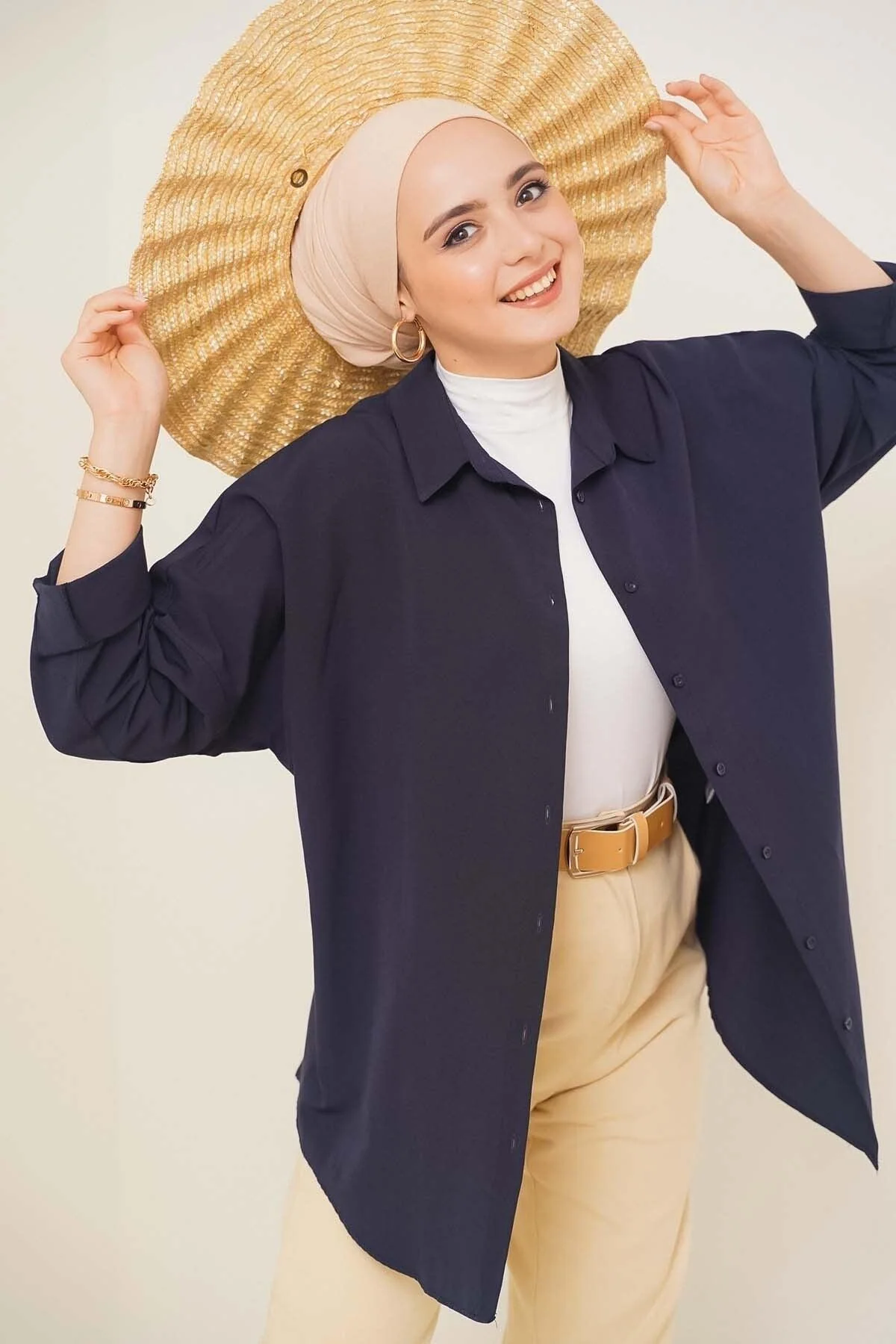 Oversized cotton blend shirt in navy - relaxed fit with dropped shoulders