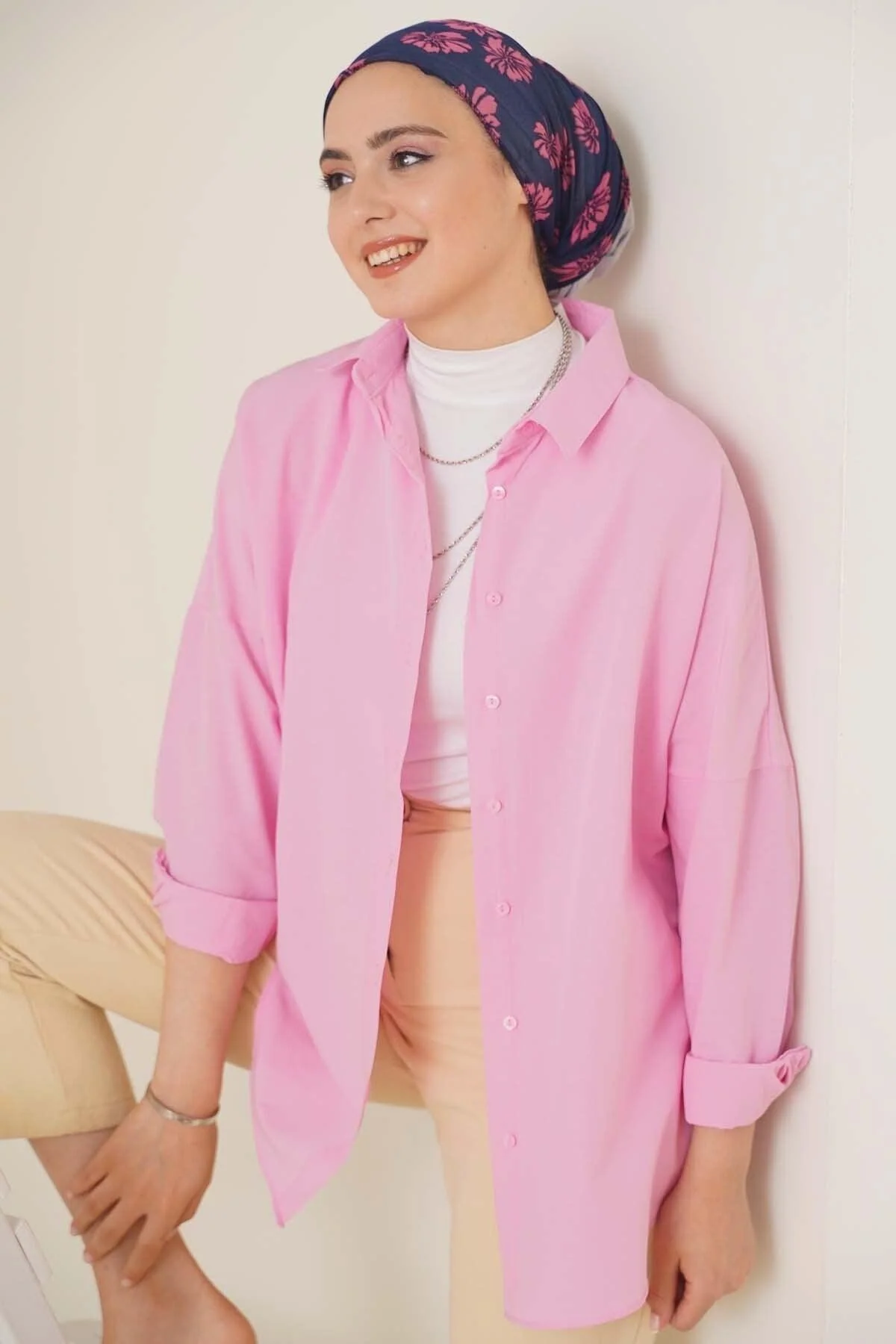 Oversized relaxed-fit cotton shirt soft pink