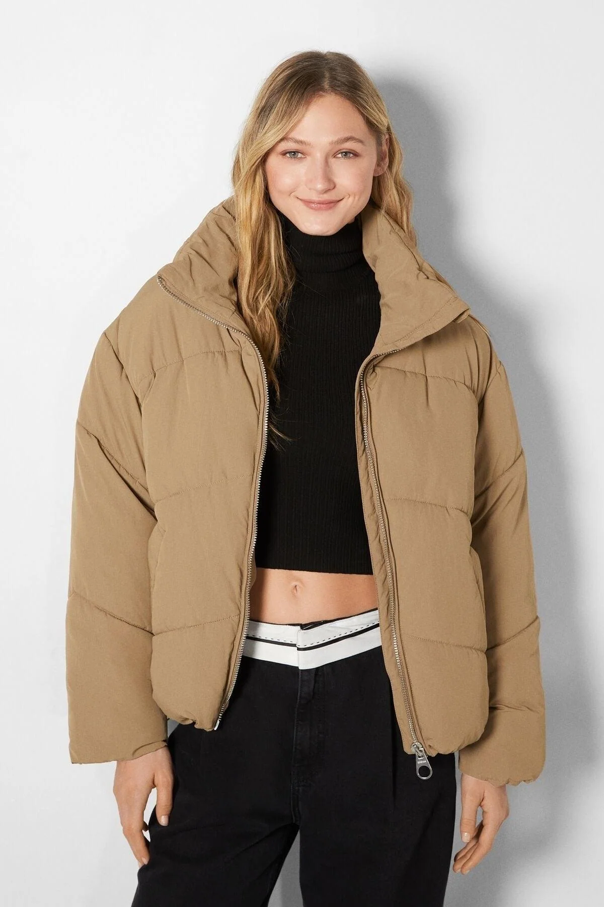 Black Oversized Inflatable Puffer Jacket with Stand-Up Collar