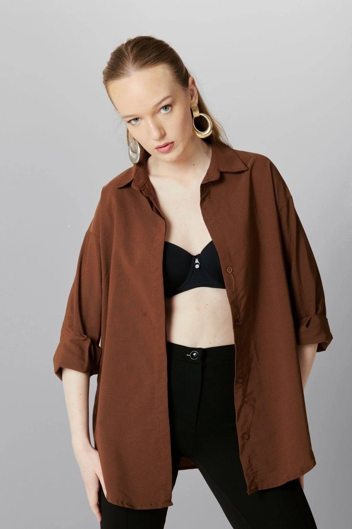 Oversized cotton polyester blend loose fit long sleeve shirt