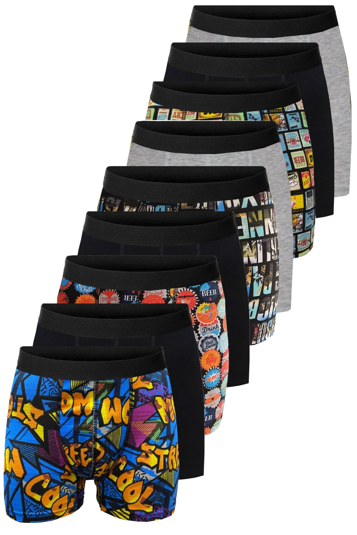 Men's cotton boxer set 9-piece with mixed patterns and plain colors