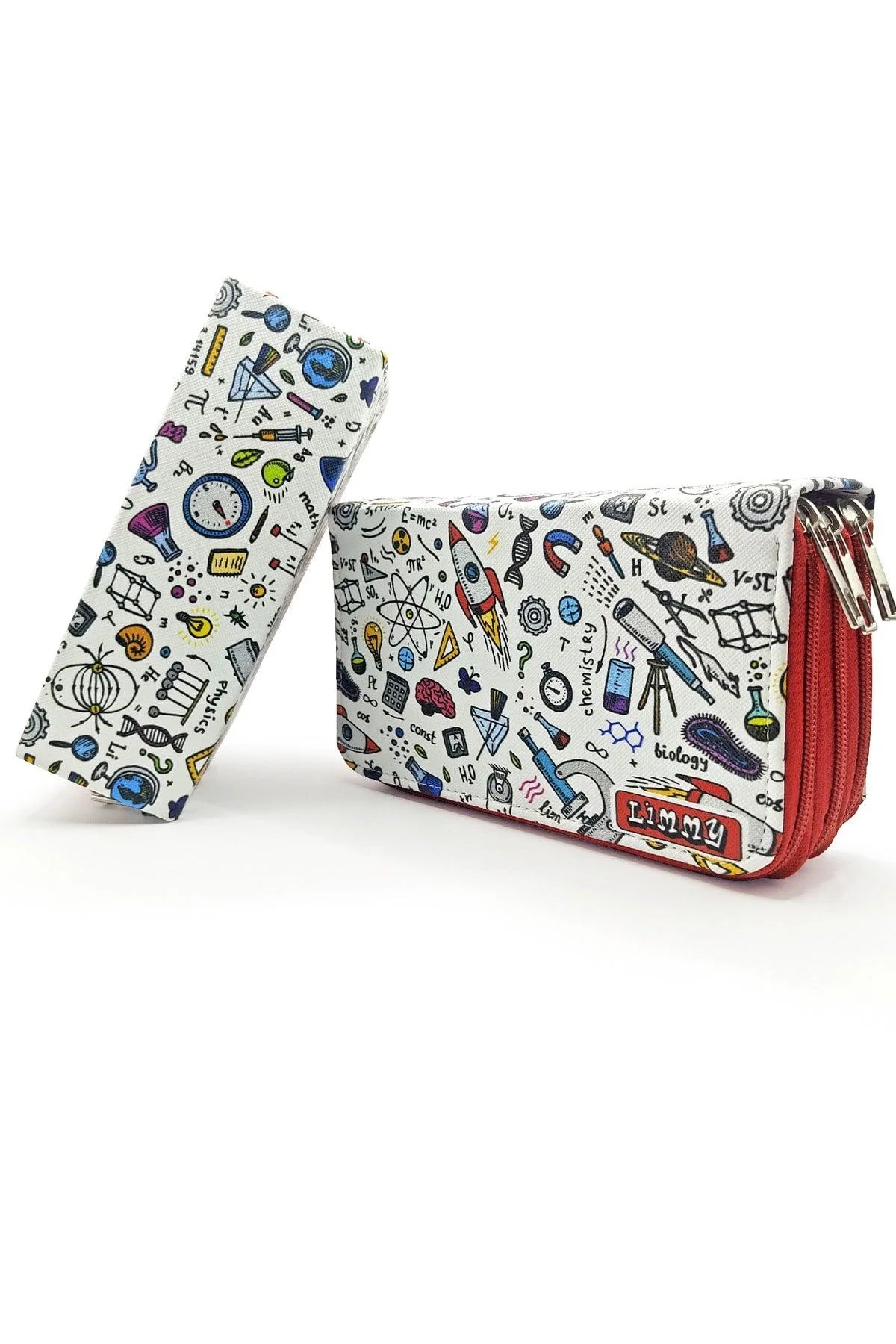 Three-Compartment Patterned Pencil Case with Fiber Leather Exterior