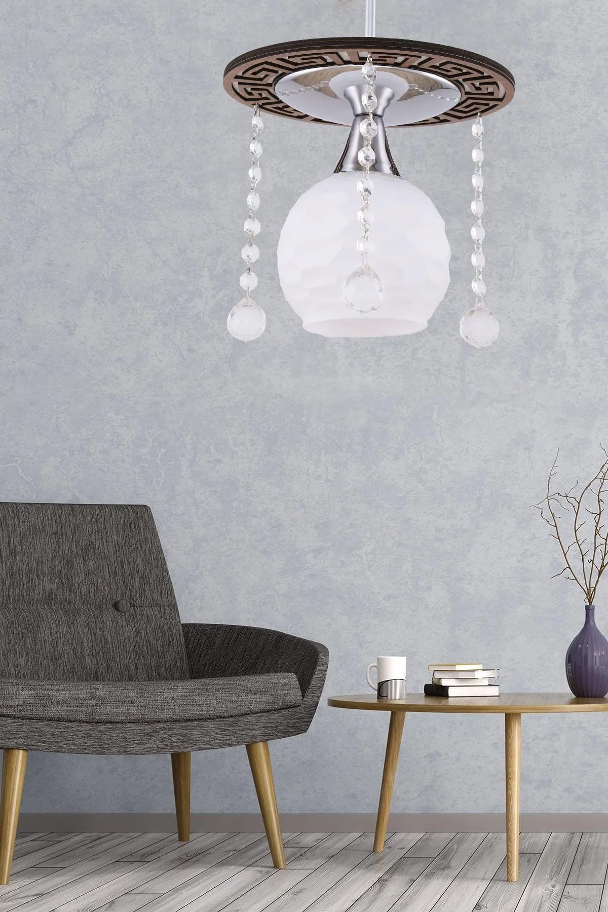 Single-bulb walnut laser-cut chandelier with metal frame
