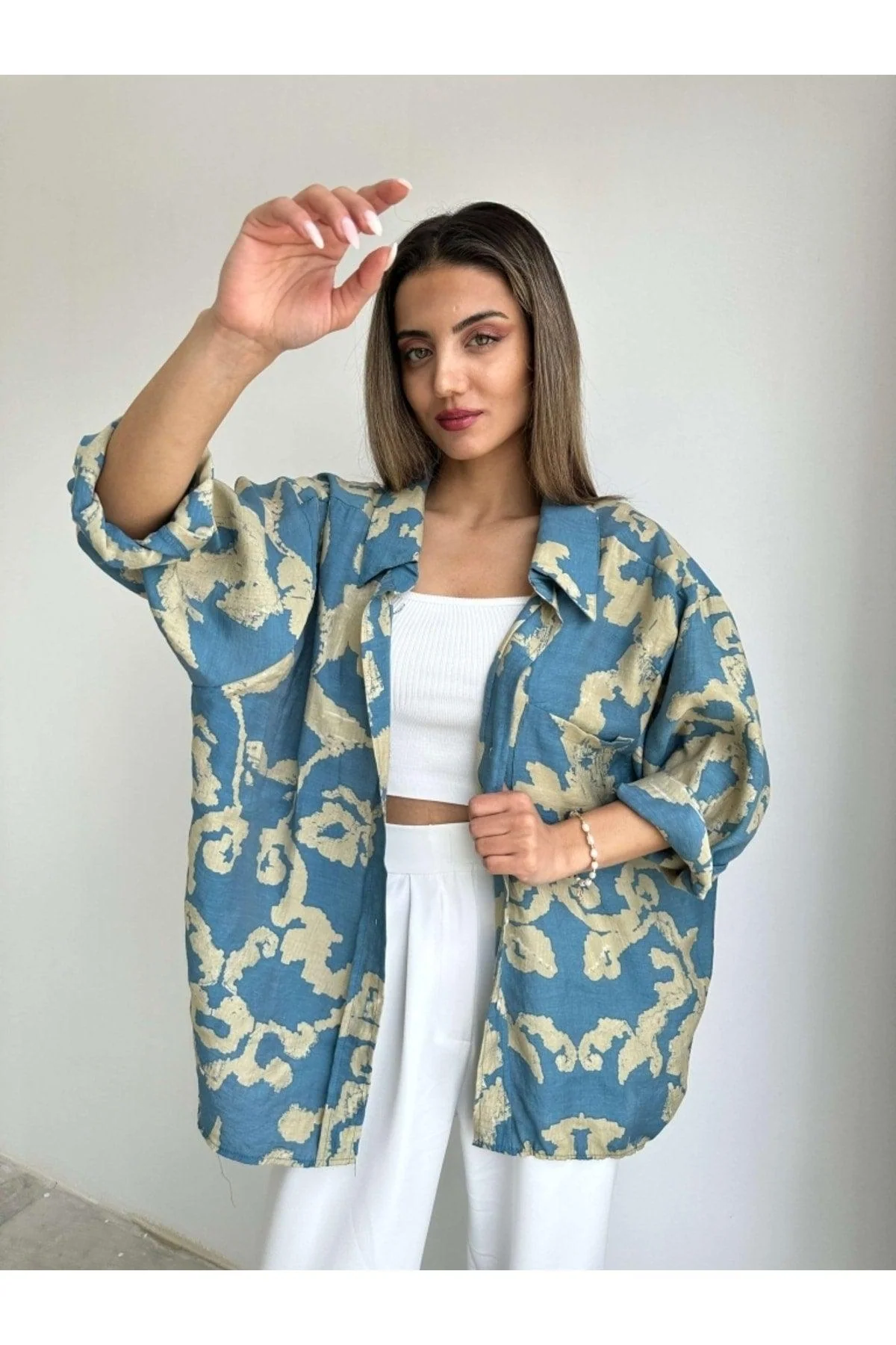 Petrol blue patterned relaxed fit off-shoulder modal shirt