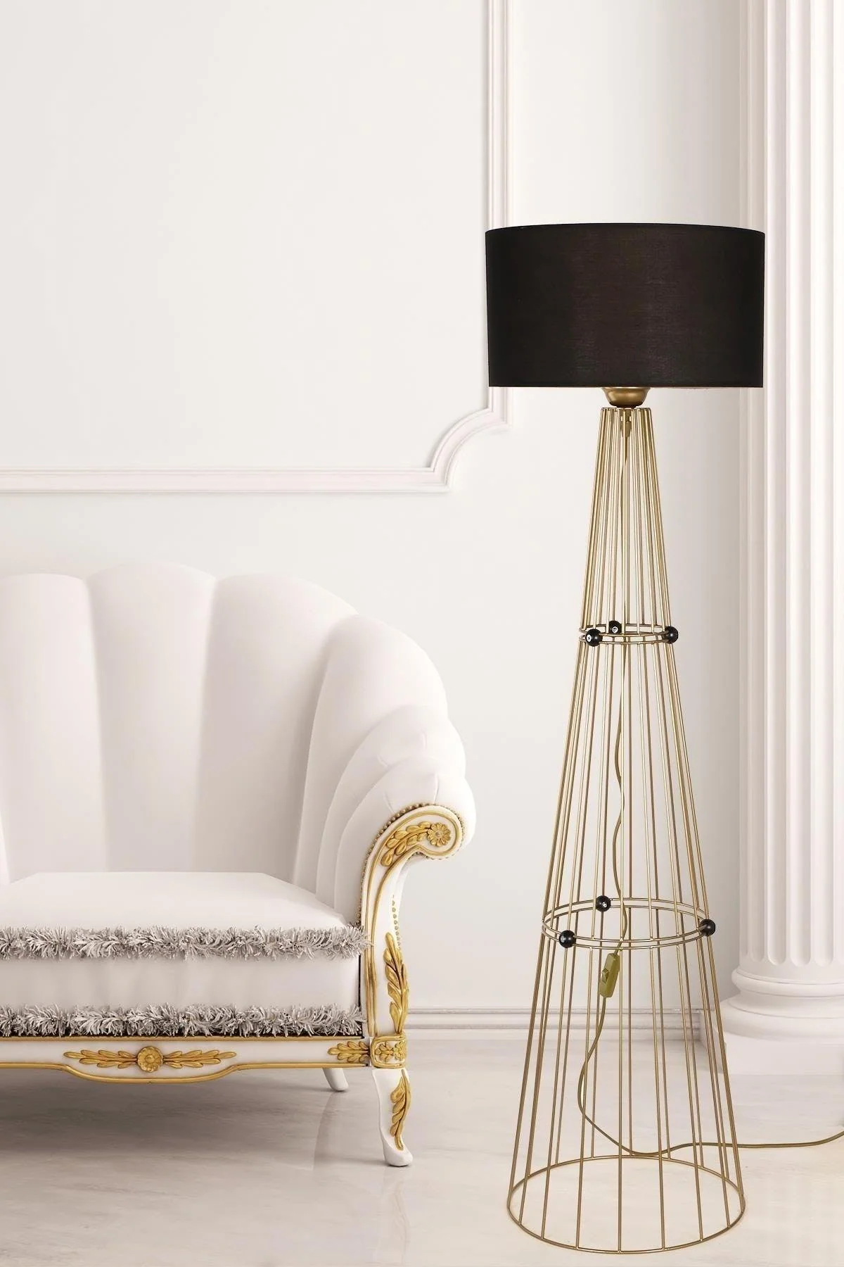 Black tumbled metal floor lamp with fabric shade