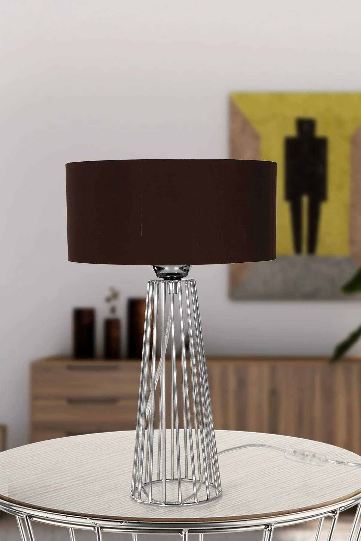 Brown fabric hat table lamp with chrome base