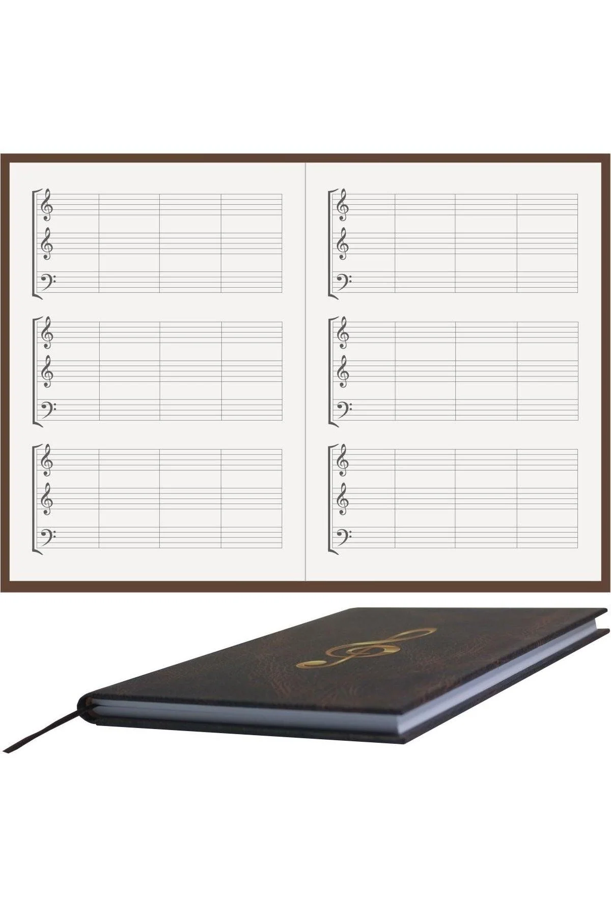 A5 piano music notebook with embossed clef and leather-look cover