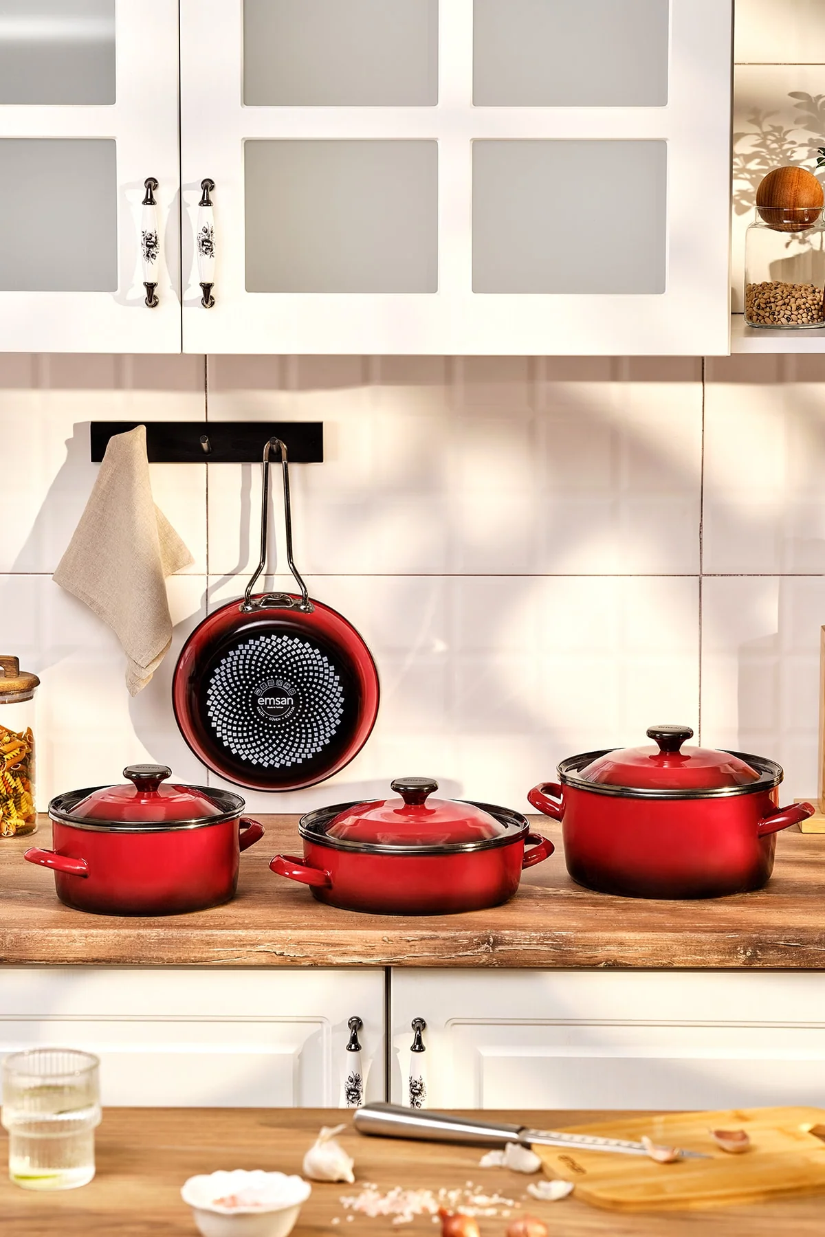 7-Piece Red Enamel Cookware Set for Induction Stoves