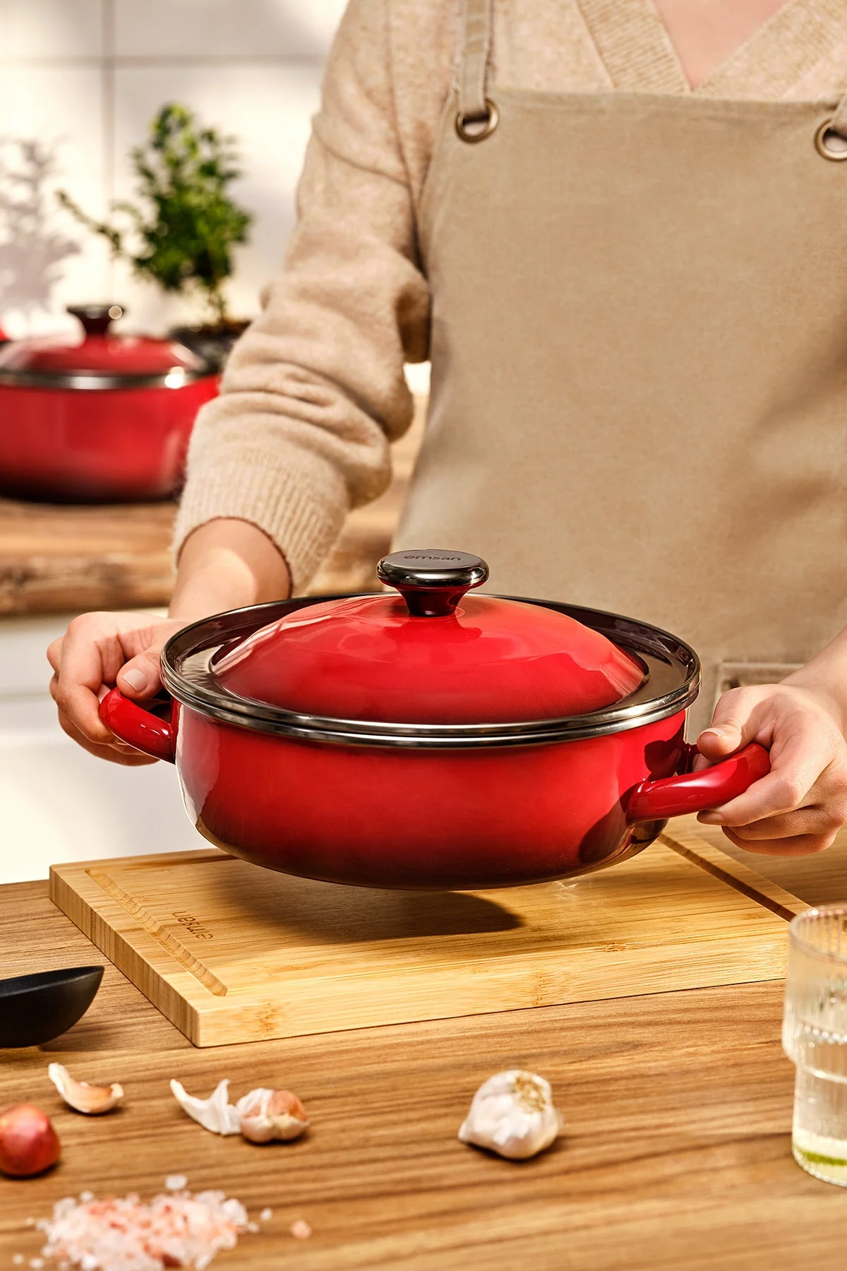 7-Piece Red Enamel Cookware Set for Induction Stoves
