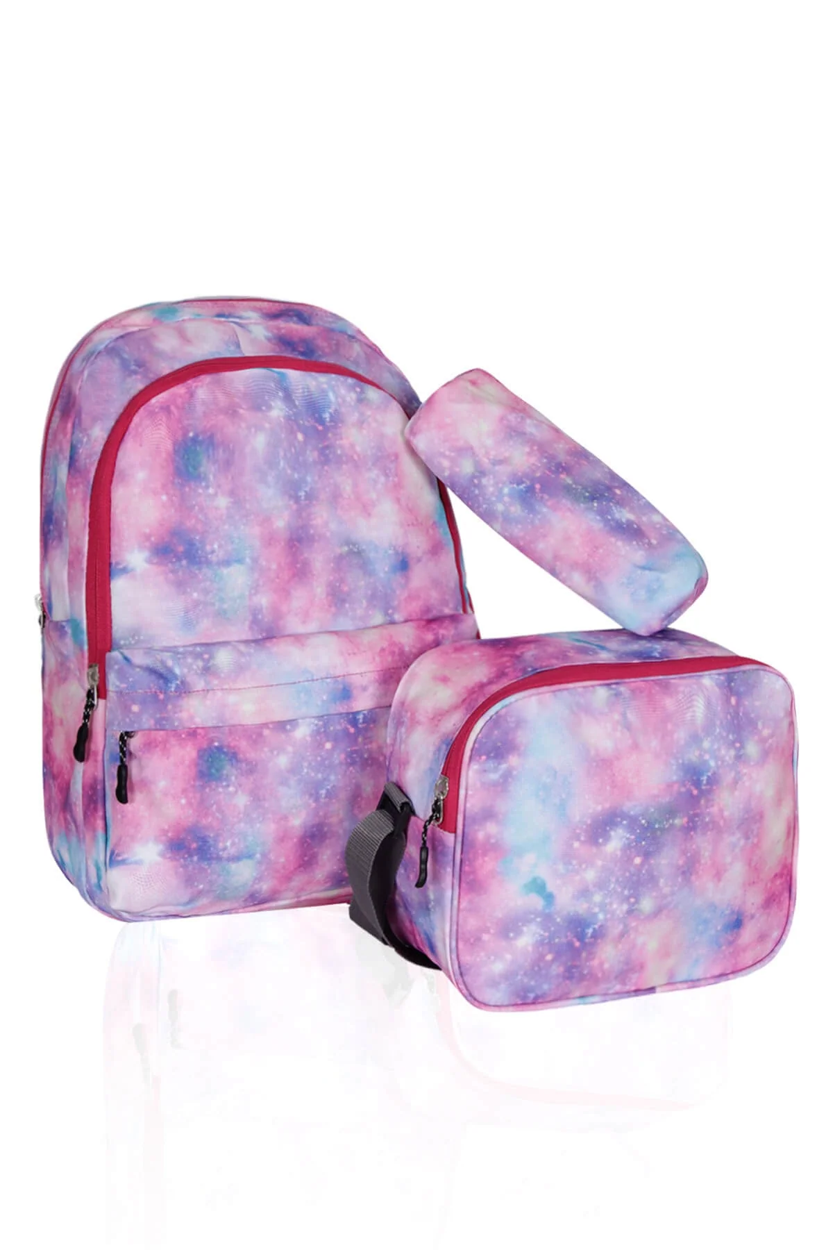 Triple kids school bag set with lunch box and pencil holder in batik pattern