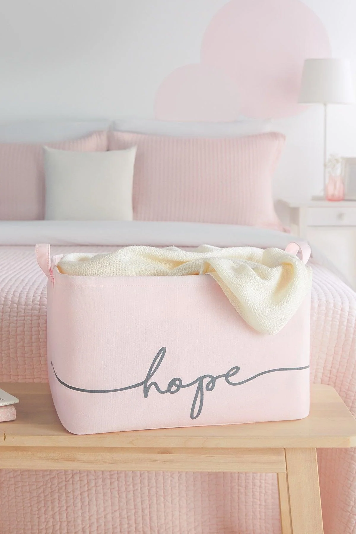 Pink printed rectangular storage basket for home organization