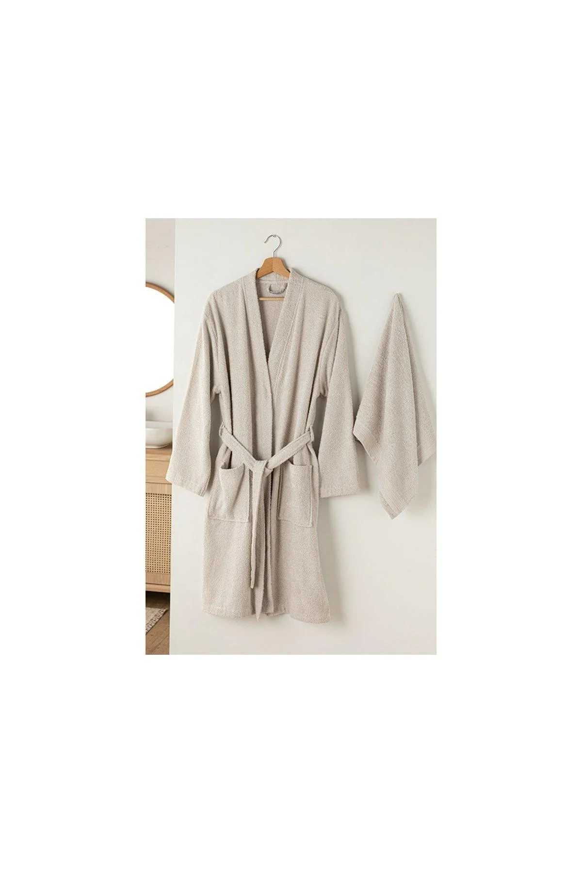 Small plain cotton bathrobe set in light beige