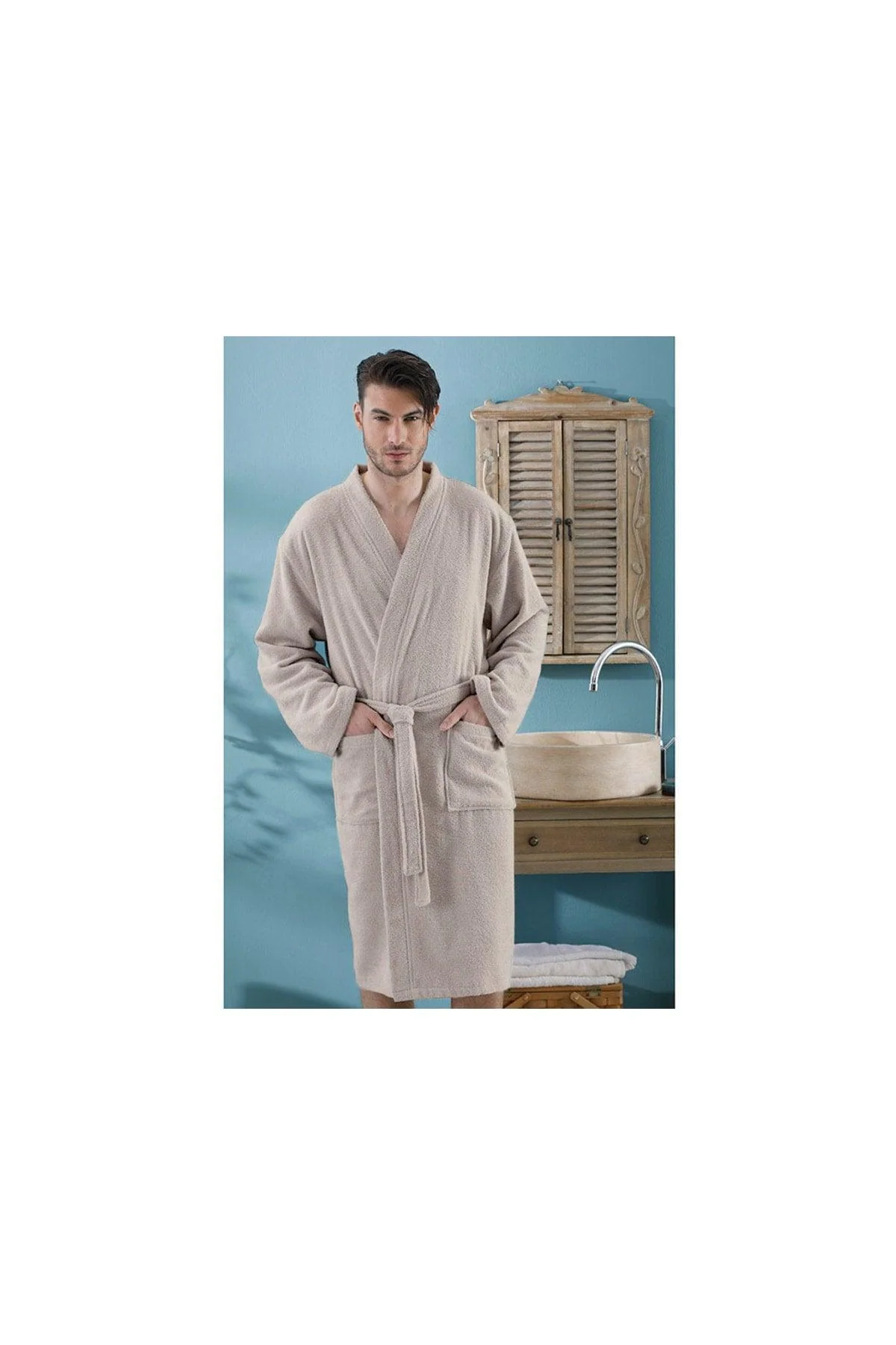 Light Beige 100% Cotton Men's Bathrobe