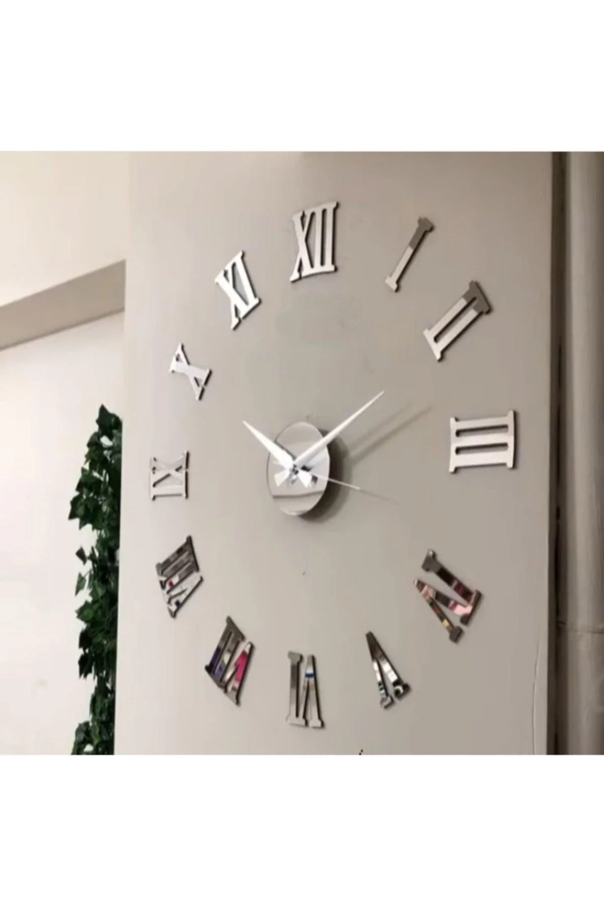 Silver 3D Plexiglass Roman Numeral Wall Clock – Large Adhesive‑Mount Design