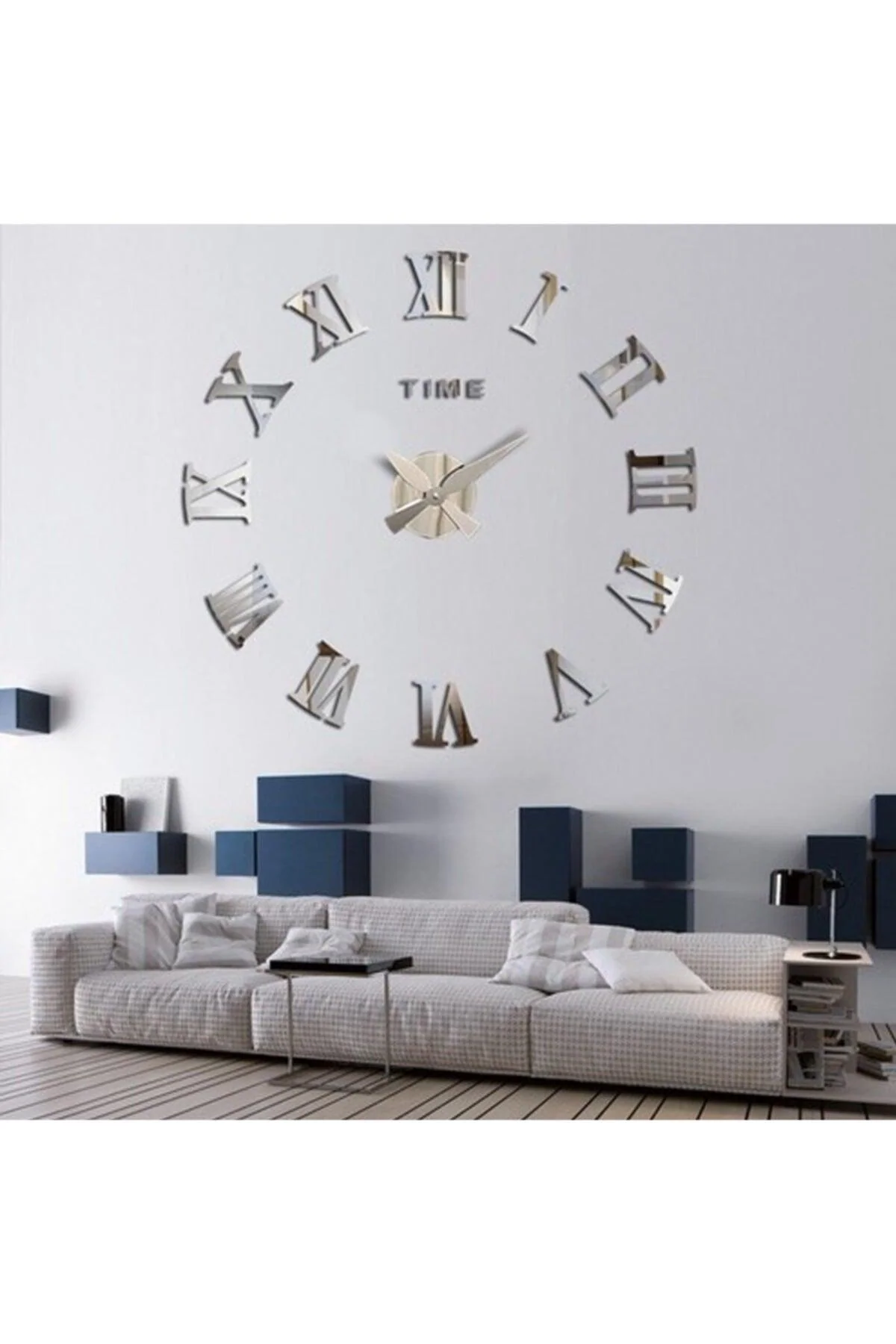 Silver 3D Plexiglass Roman Numeral Wall Clock – Large Adhesive‑Mount Design