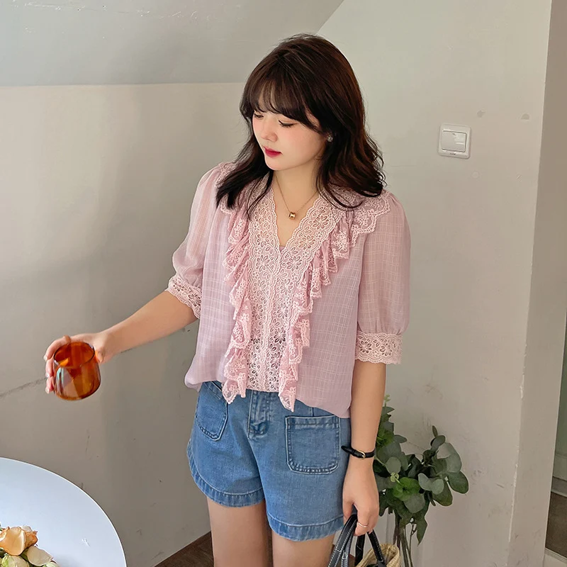 Plus-Size Lace Patchwork Shirt for Women