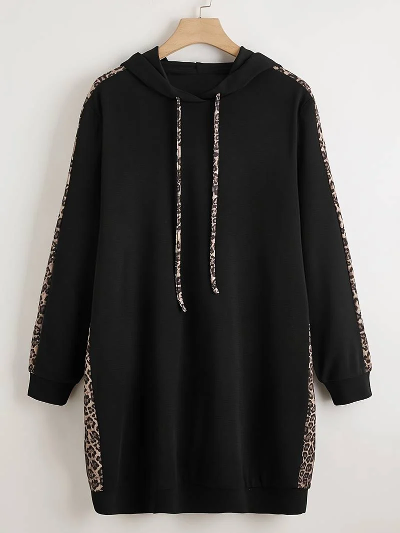 Plus Size Leopard Print Drawstring Hoodie