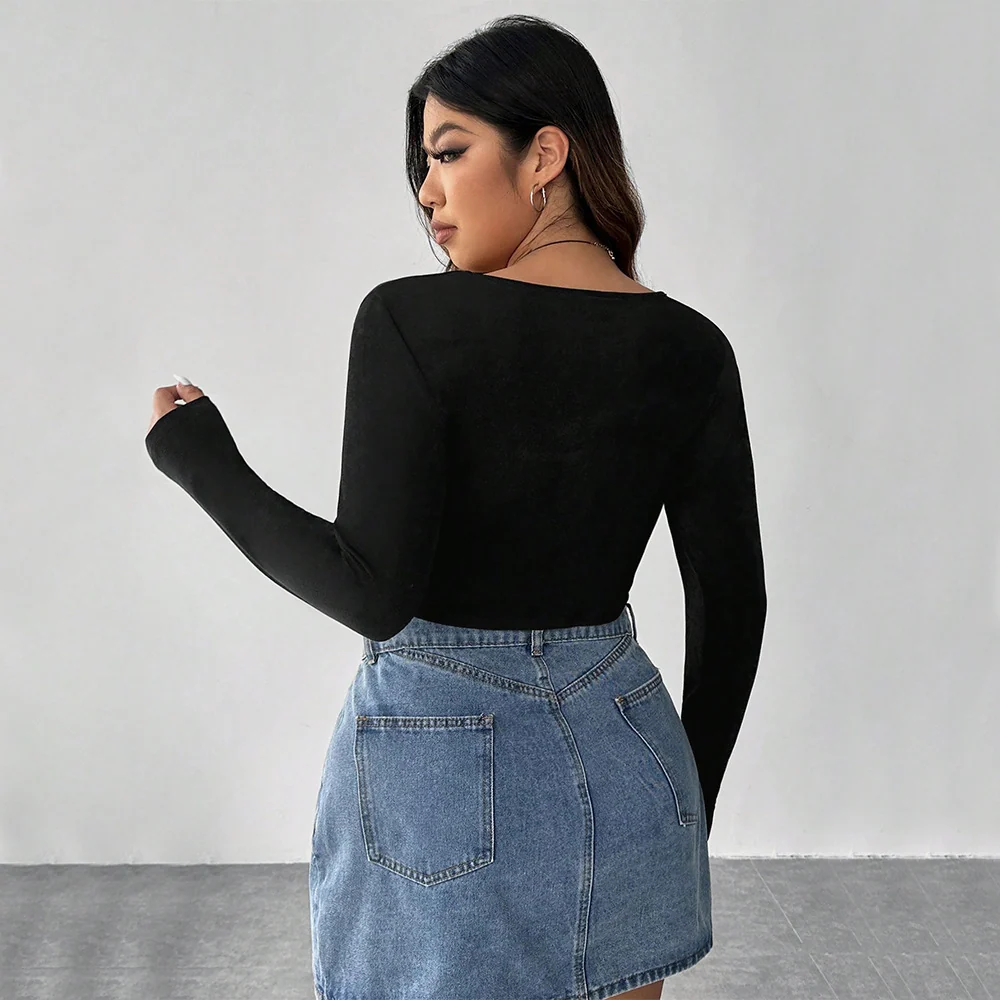 Plus Size Square Collar Fishbone Solid Bottoming Shirt