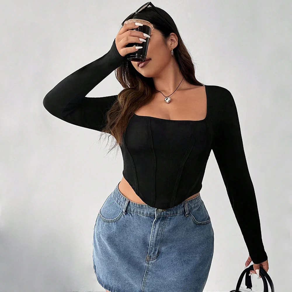 Plus Size Square Collar Fishbone Solid Bottoming Shirt