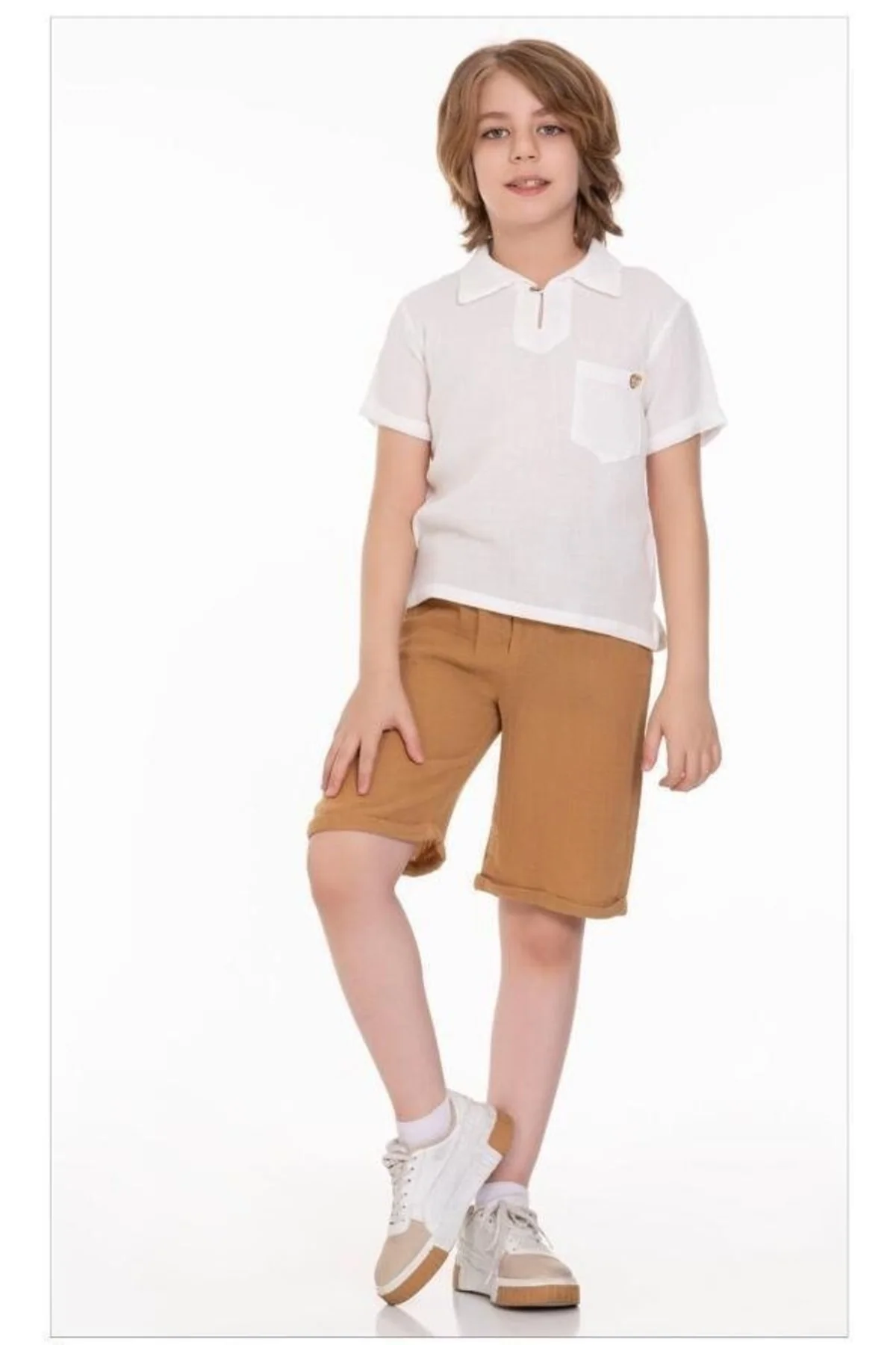 Pocket muslin short-sleeve shirt set for children