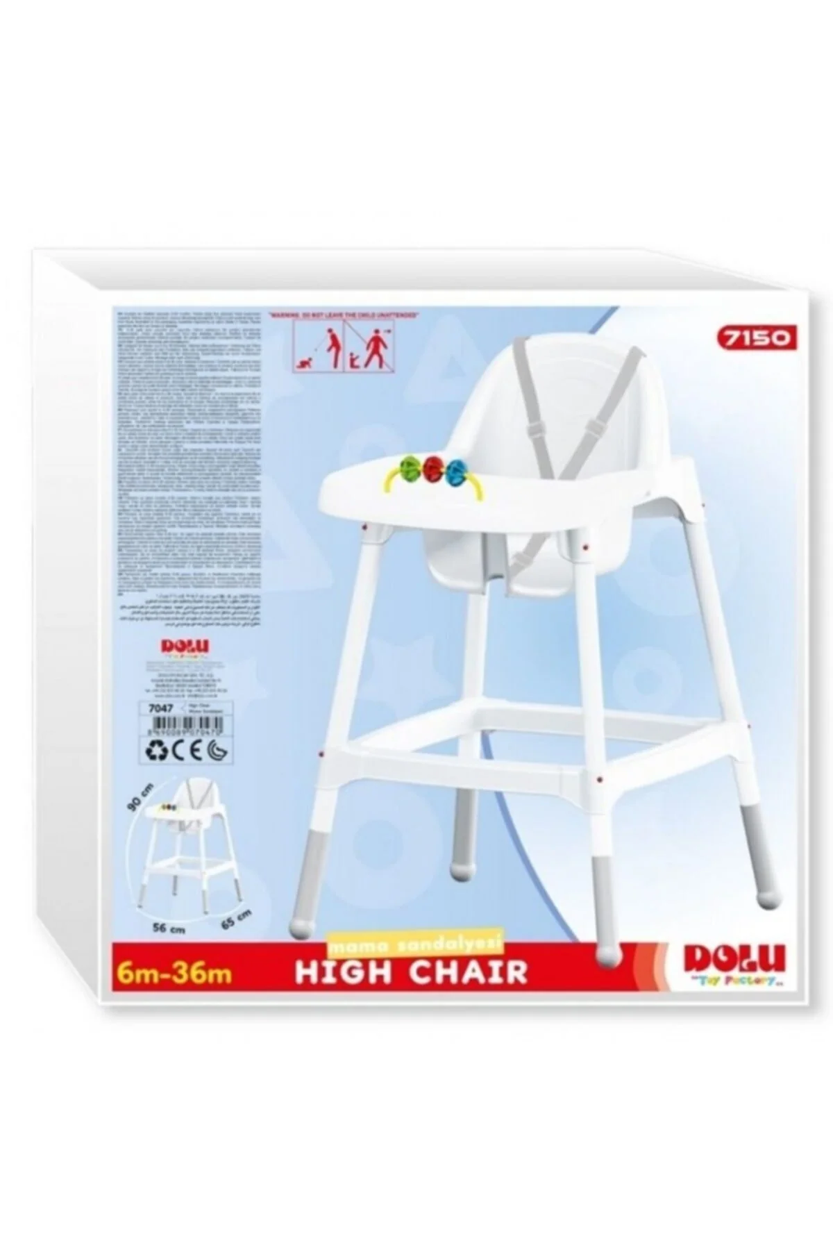 Foldable highchair with three-point safety harness and ergonomic tray