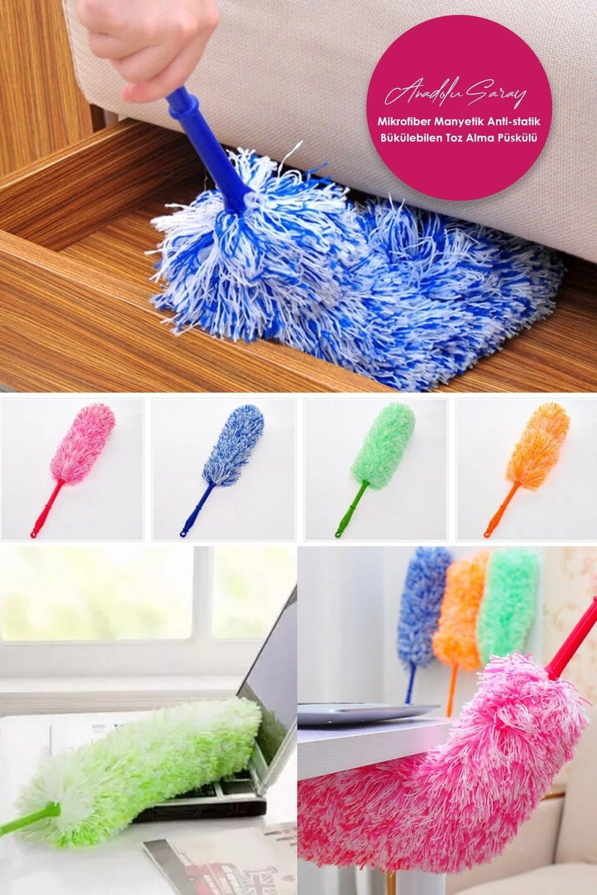 Flexible dusting brush with anti-static microfiber tassels and ergonomic handle