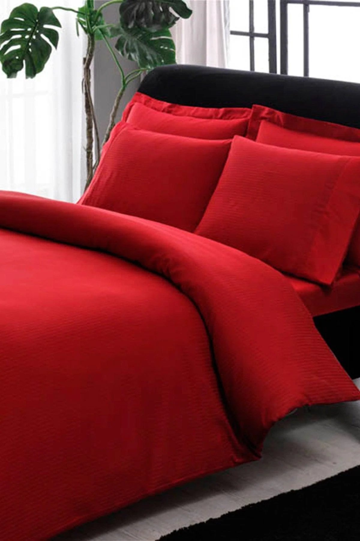Double Stripe Duvet Cover Set in Red Cotton