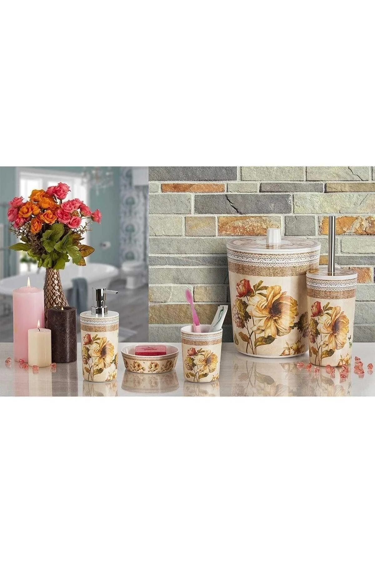 5-piece melamine bathroom set with liquid soap dispenser and storage
