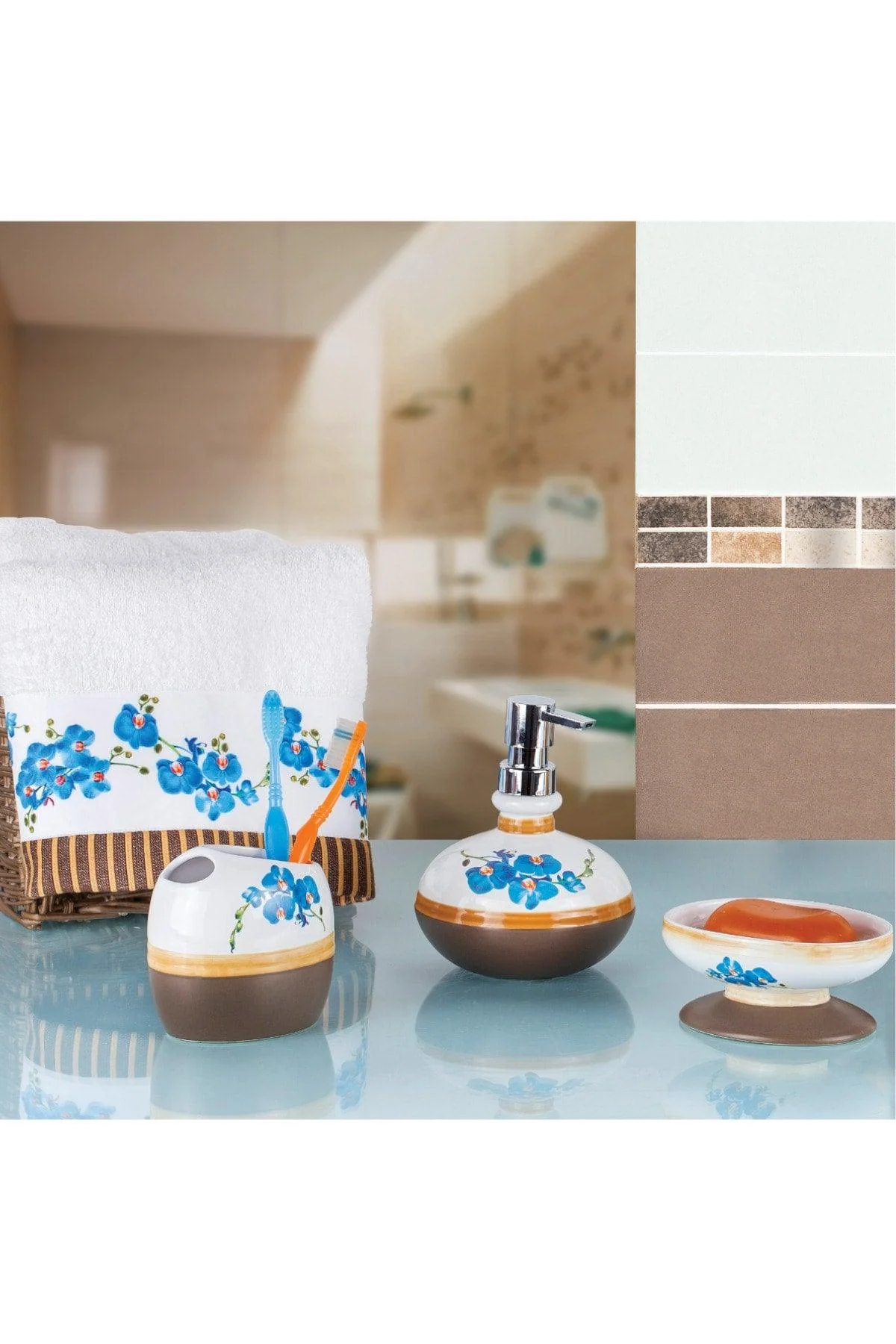 3-piece ceramic bathroom set with soap and toothbrush holders