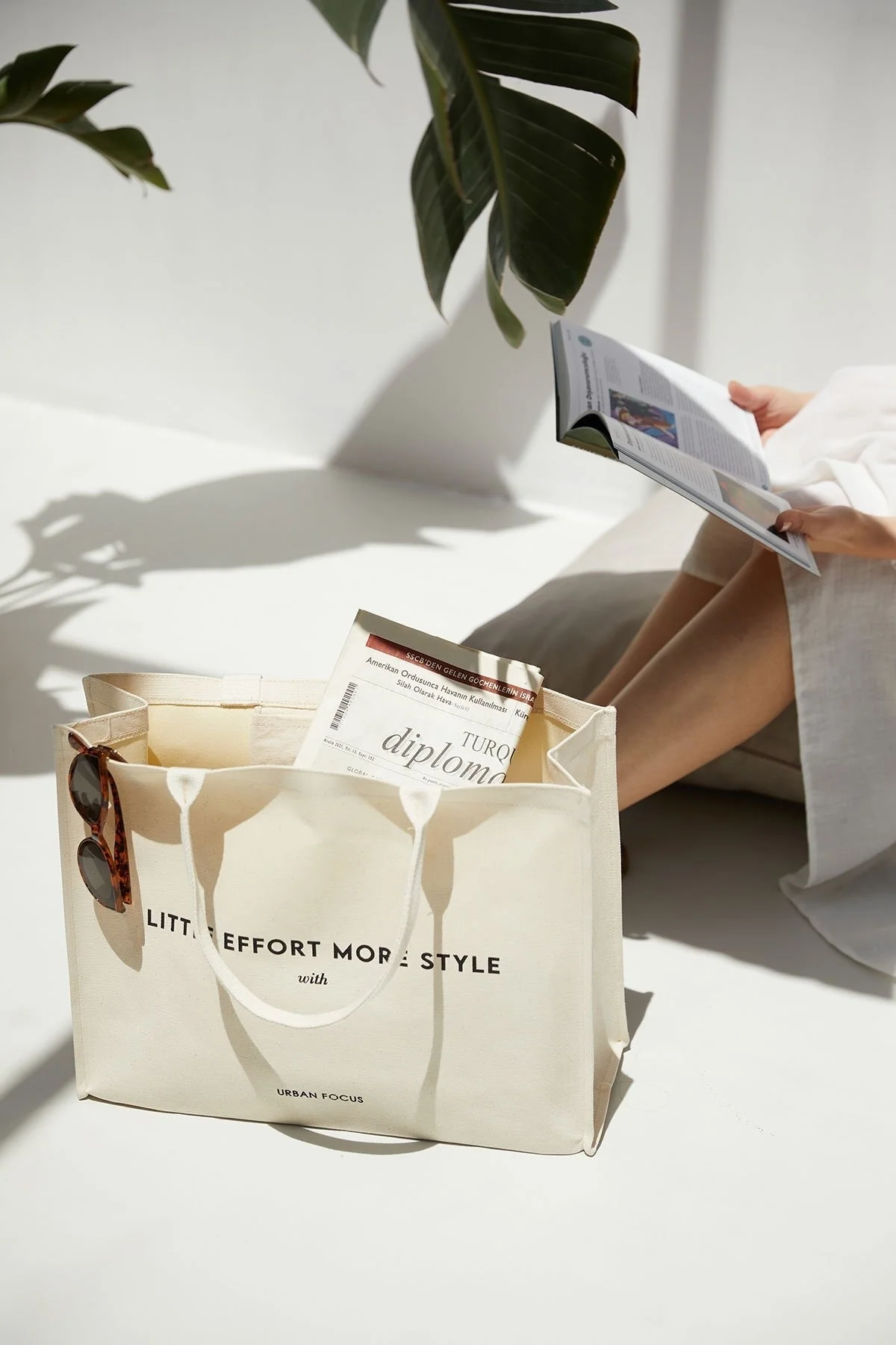 Large printed canvas tote bag with raw cotton lining