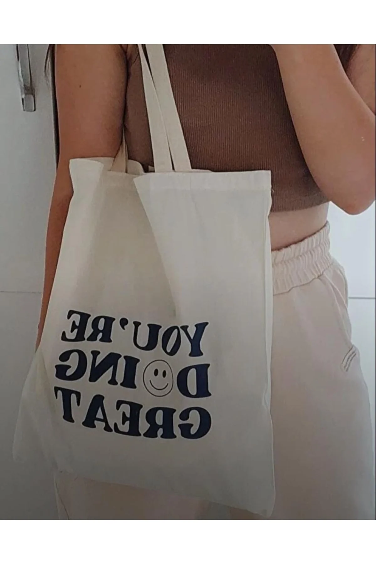Eco-friendly beige printed tote bag for daily shopping