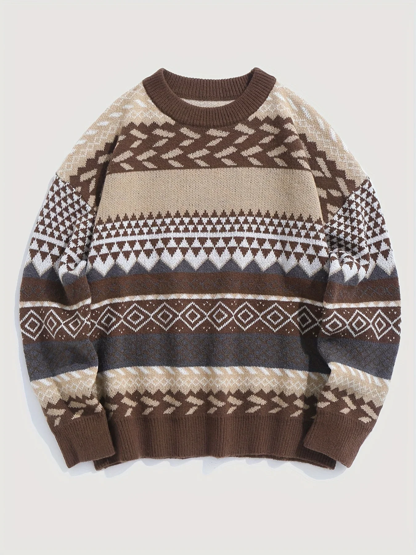 Pullover Round Neck Long Sleeves Contrast Color Diamond Patterns Sweater