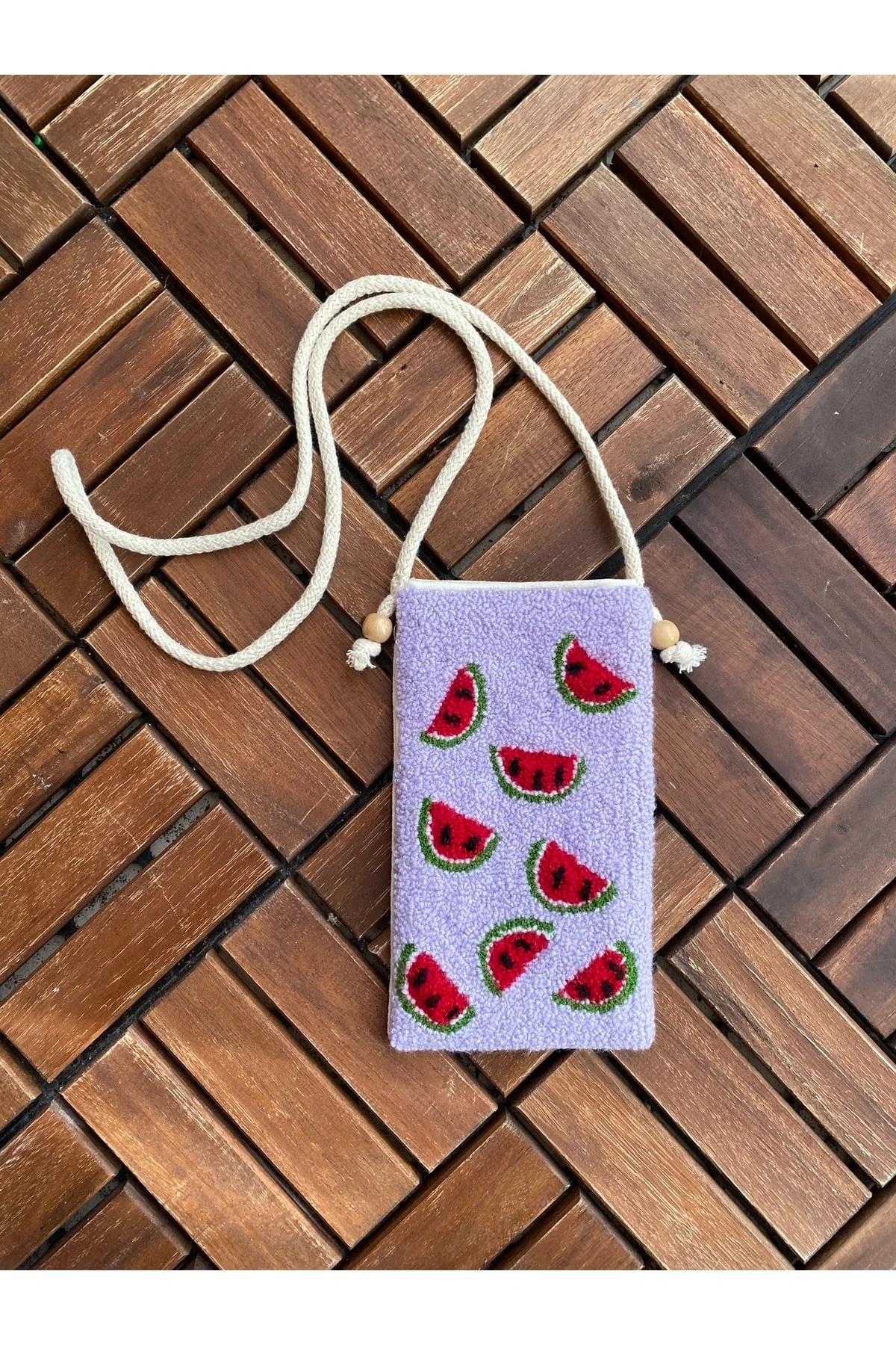 Hand-embroidered phone bag with watermelon pattern