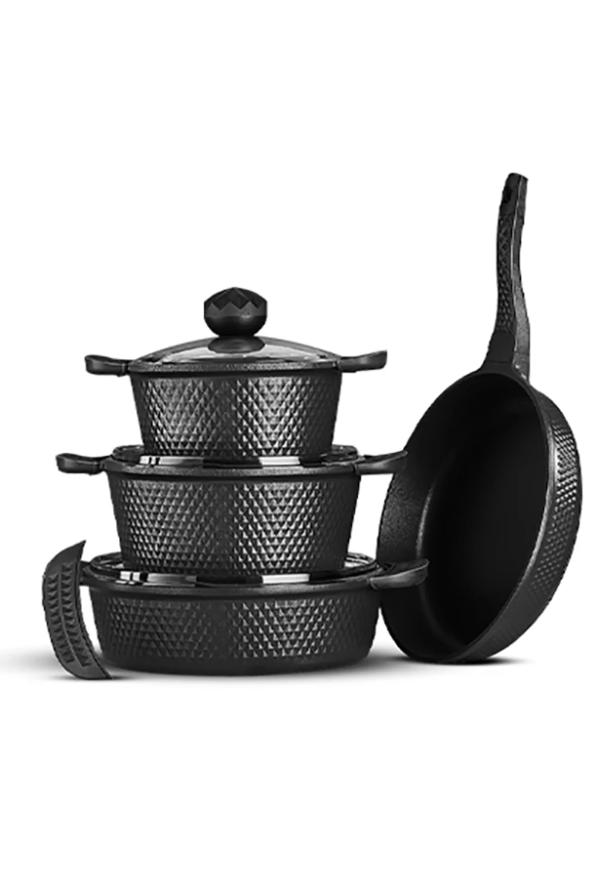 Black Titanium-Coated Cast Iron Cookware Set - 7 Pieces with Quartz Lids